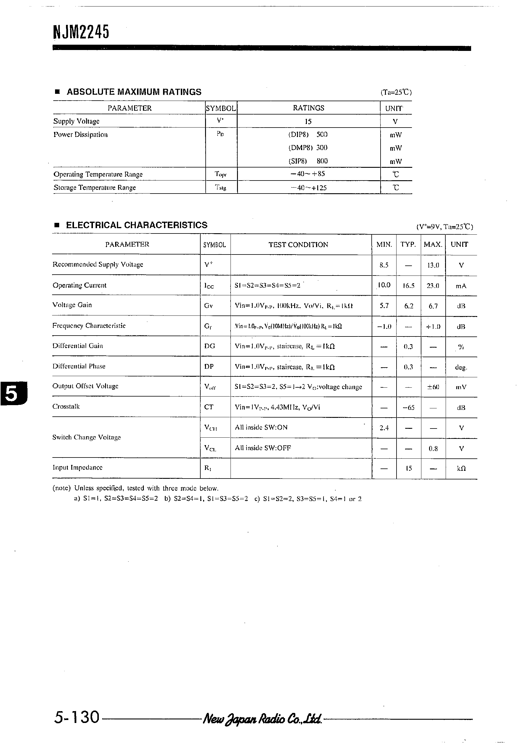 Datasheet NJM2245 - 3-INPUT VIDEO SWITCH WITH 6dB AMPLIFIER page 2