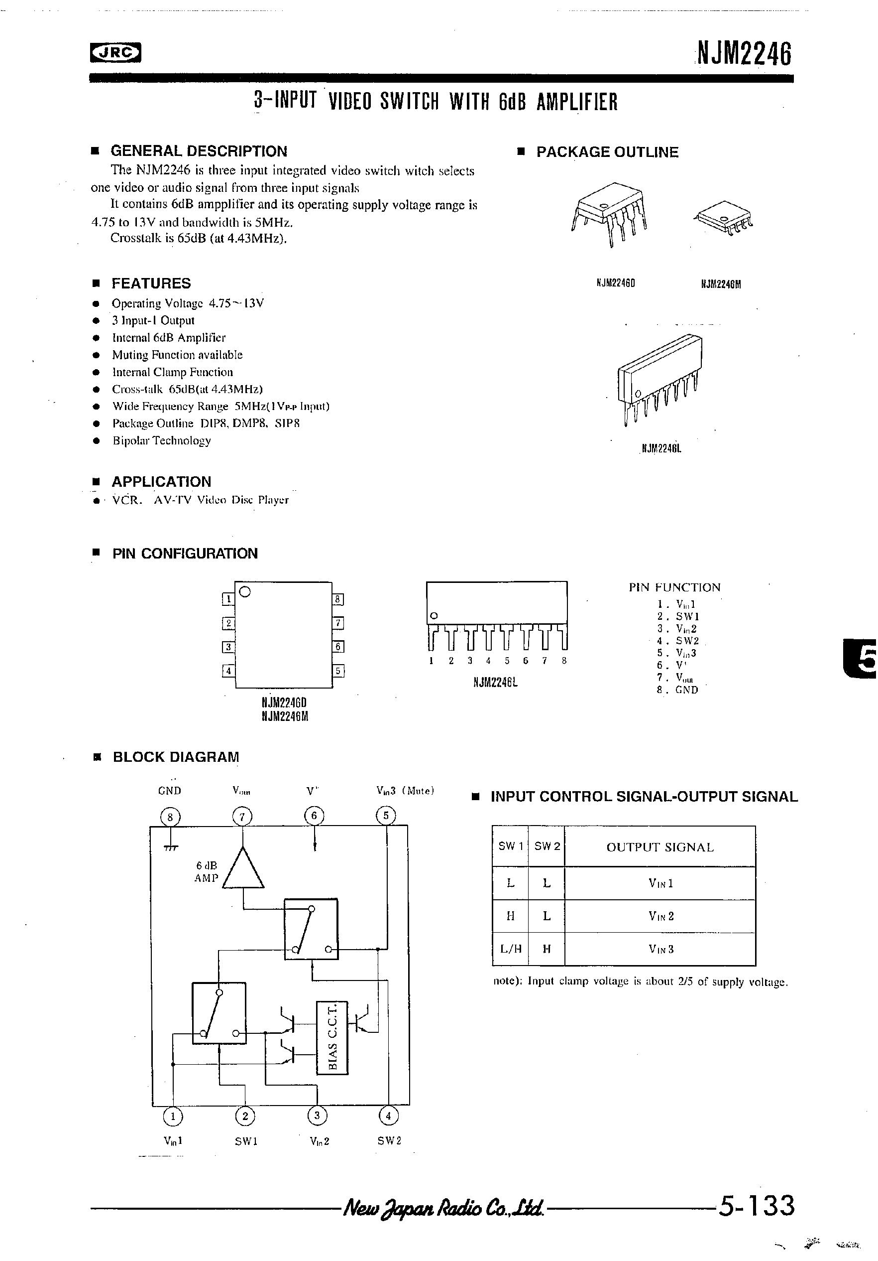 Datasheet NJM2246 - 3-INPUT VIDEO SWITCH WITH 6dB AMPLIFIER page 1