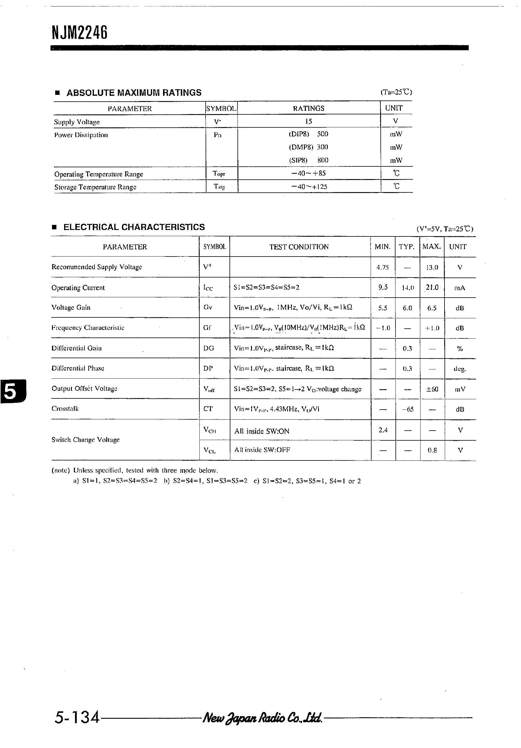 Datasheet NJM2246 - 3-INPUT VIDEO SWITCH WITH 6dB AMPLIFIER page 2