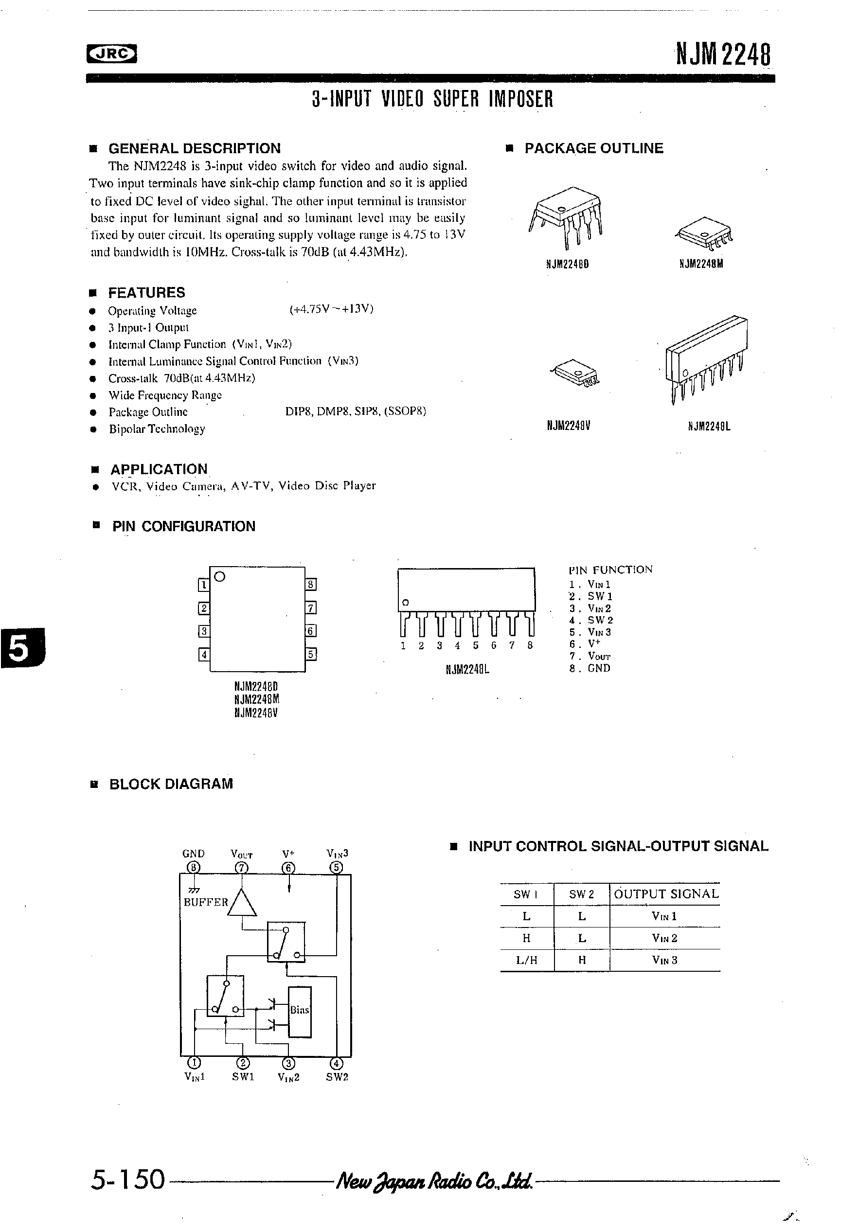 Datasheet NJM2248 - 3-INPUT VIDEO SUPER IMPOSER page 1