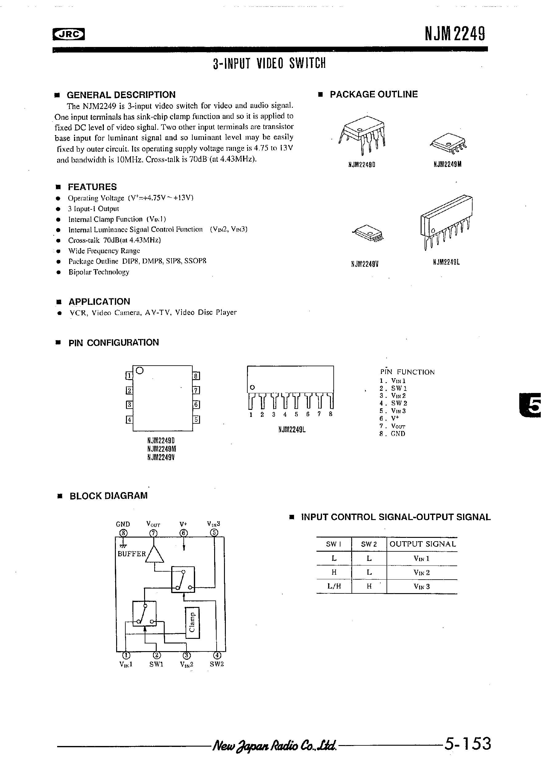 Datasheet NJM2249 - 3-INPUT VIDEO SWITCH page 1
