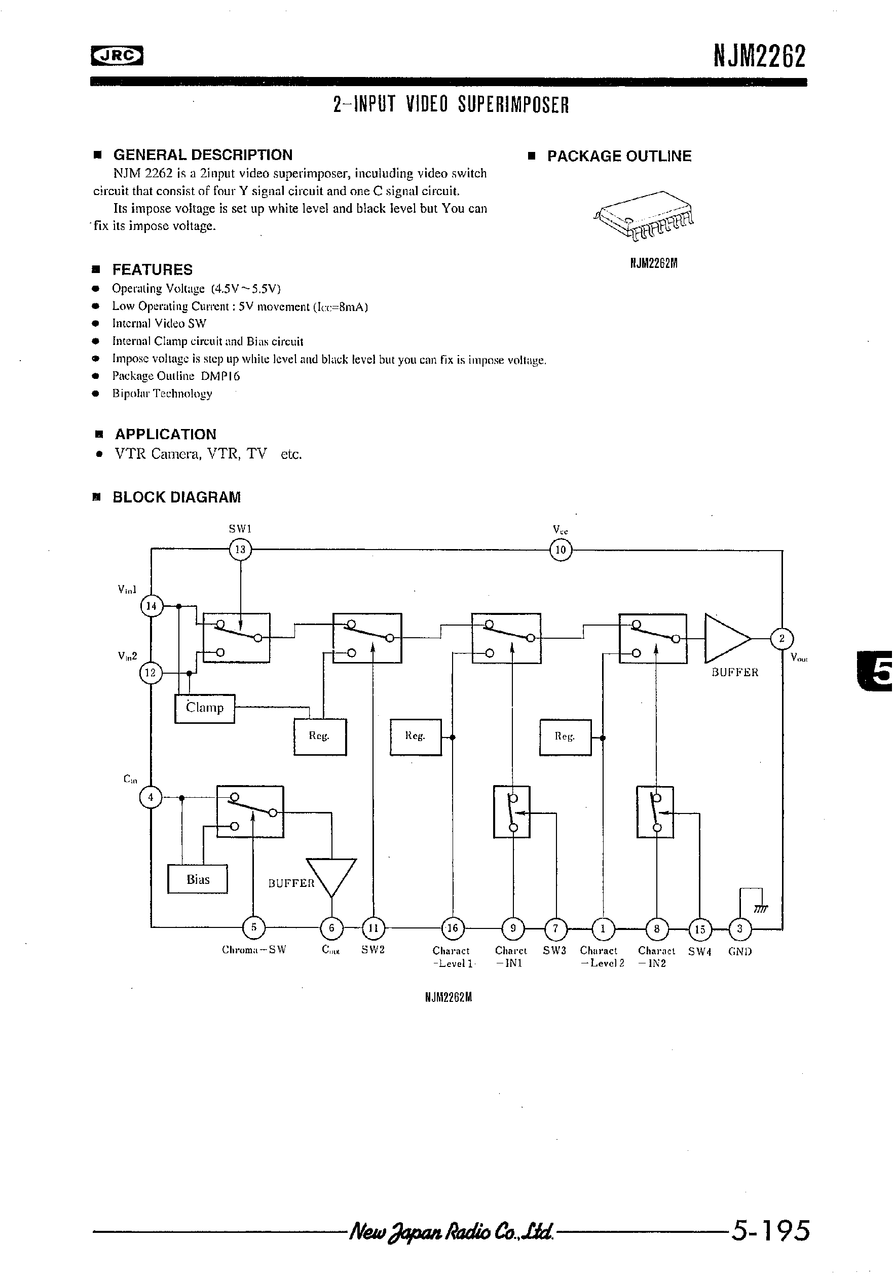 Datasheet NJM2262 - 2-INPUT VIDEO SUPERIMPOSER page 1