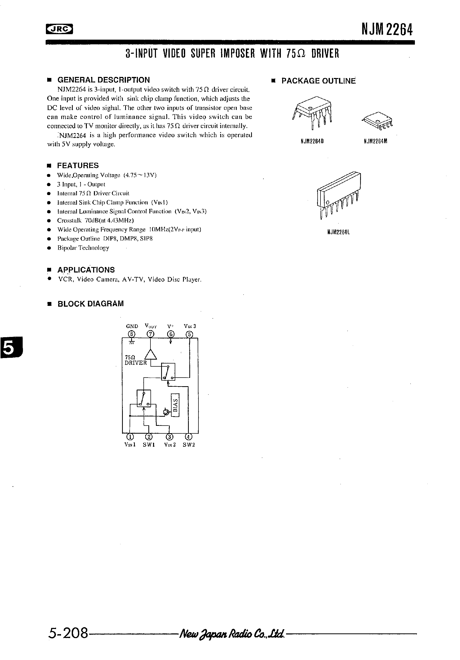Datasheet NJM2264 - 3-INPUT VIDEO SUPER IMPOSER WITH 75OHM DRIVER page 1
