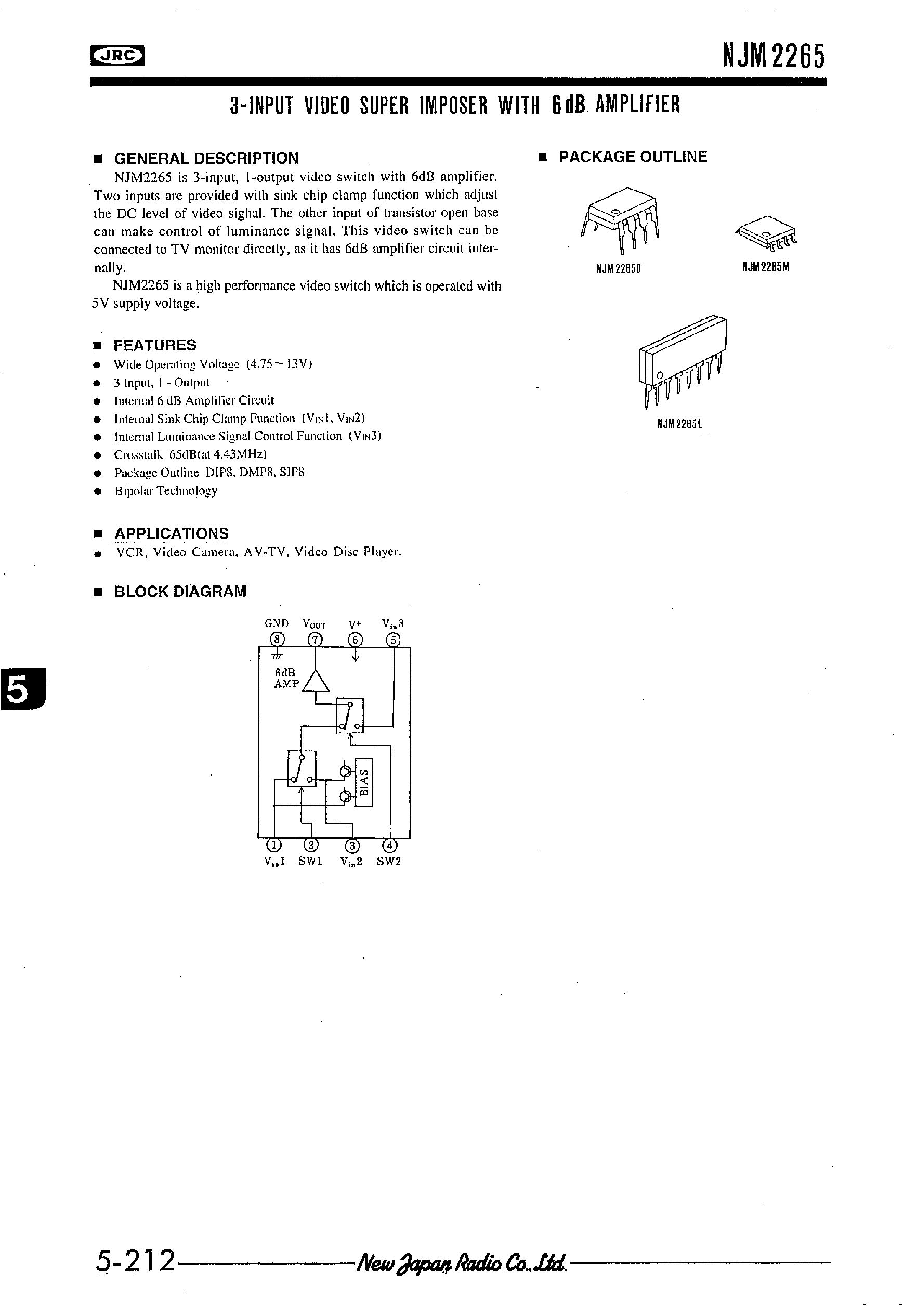 Datasheet NJM2265 - 3-INPUT VIDEO SUPER IMPOSER WITH 6dB AMPLIFIER page 1