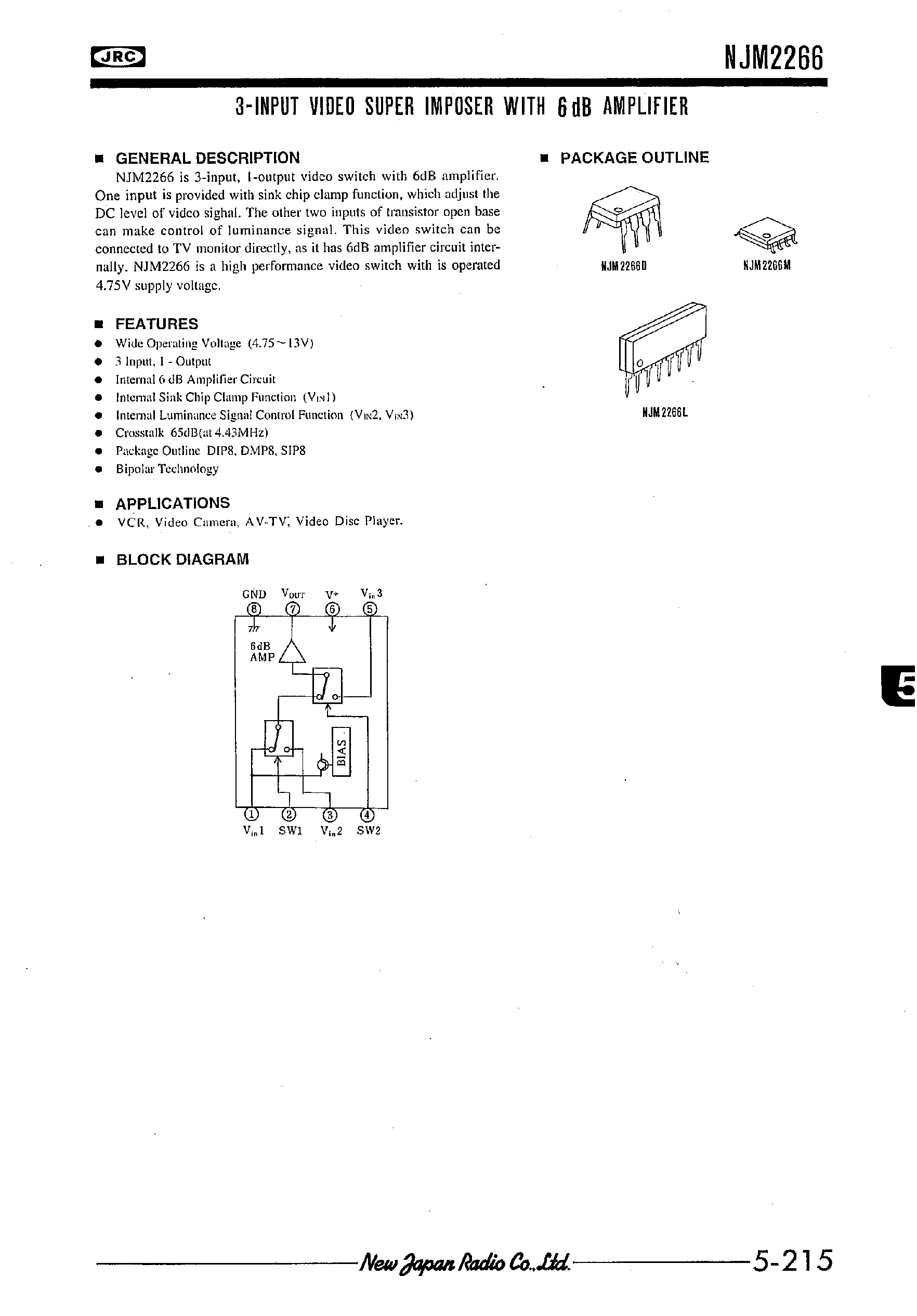 Datasheet NJM2266 - 3-INPUT VIDEO SUPER IMPOSER WITH 6dB AMPLIFIER page 1