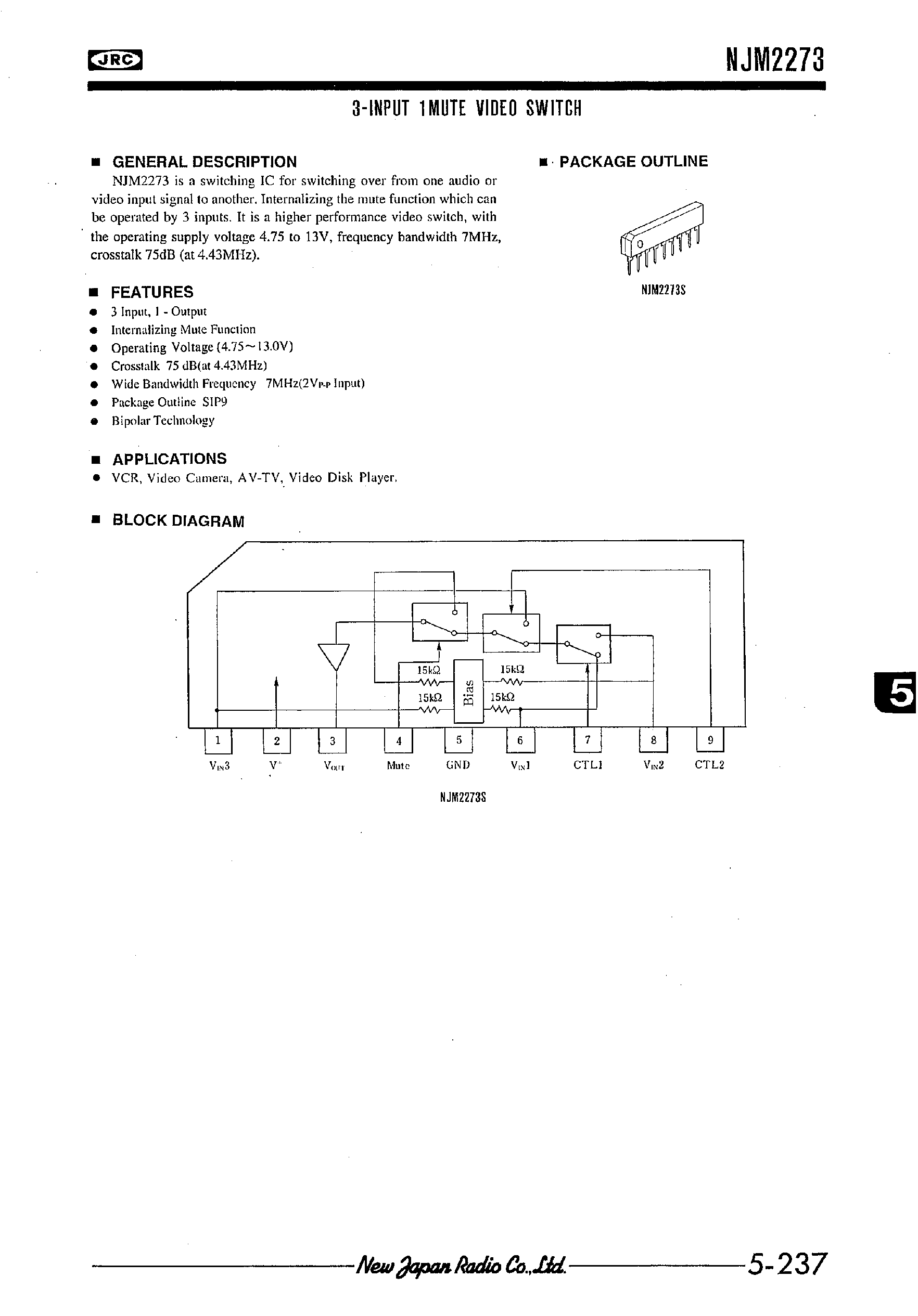 Datasheet NJM2273 - 3-INPUT 1MUTE VIDEO SWITCH page 1