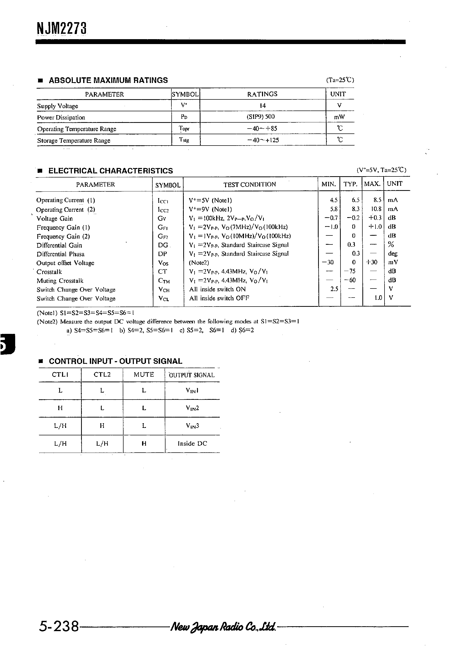 Datasheet NJM2273 - 3-INPUT 1MUTE VIDEO SWITCH page 2