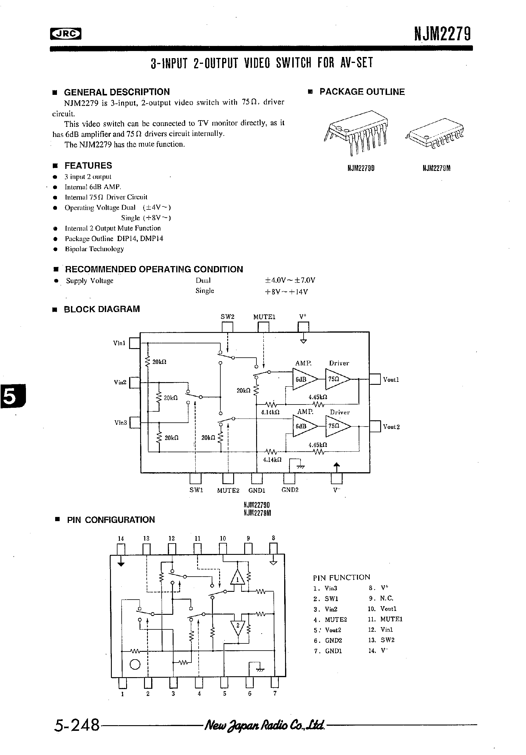 Datasheet NJM2279 - 3-INPUT 2-OUTPUT VIDEO SWITCH FOR AV-SET page 1