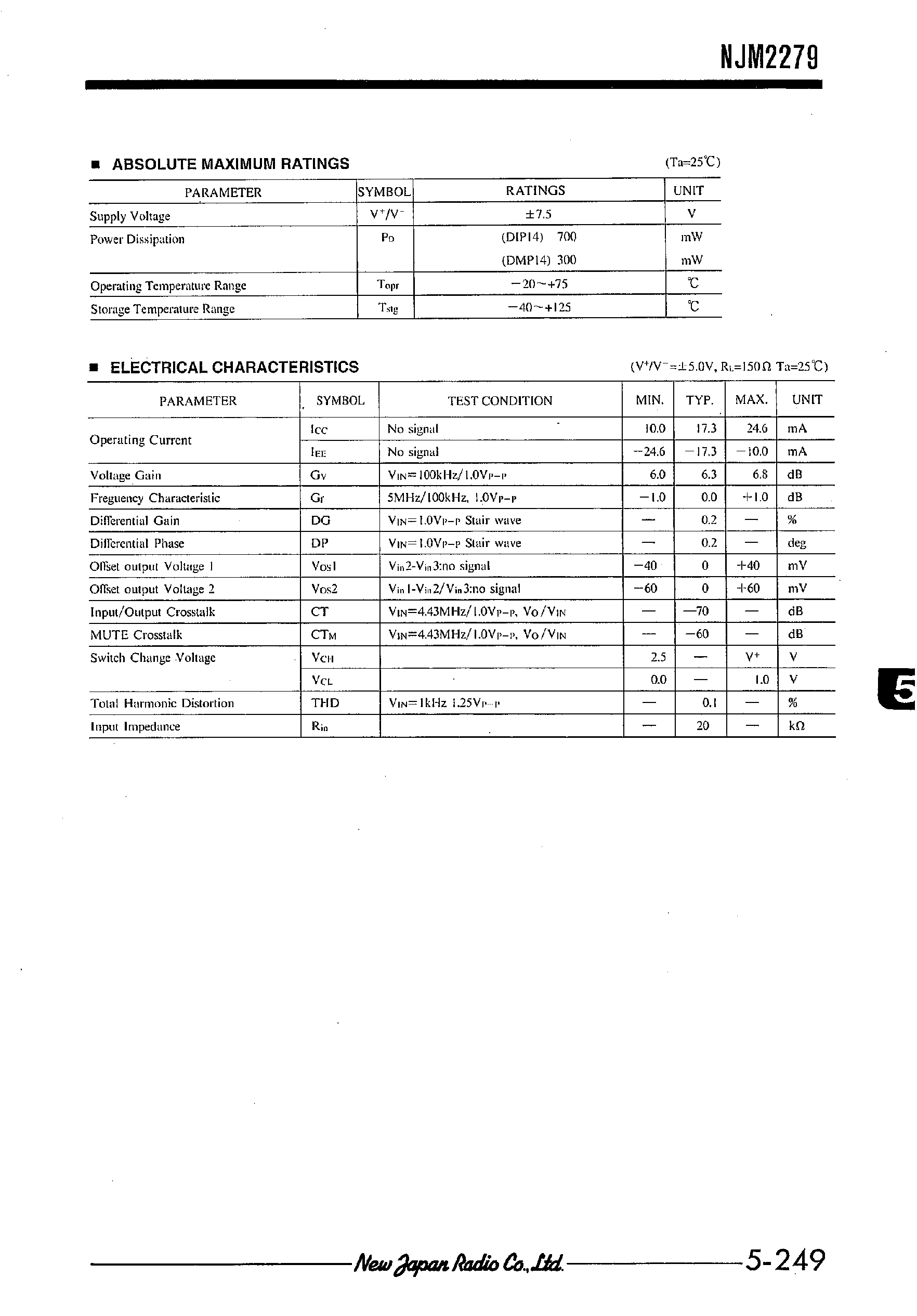 Datasheet NJM2279 - 3-INPUT 2-OUTPUT VIDEO SWITCH FOR AV-SET page 2