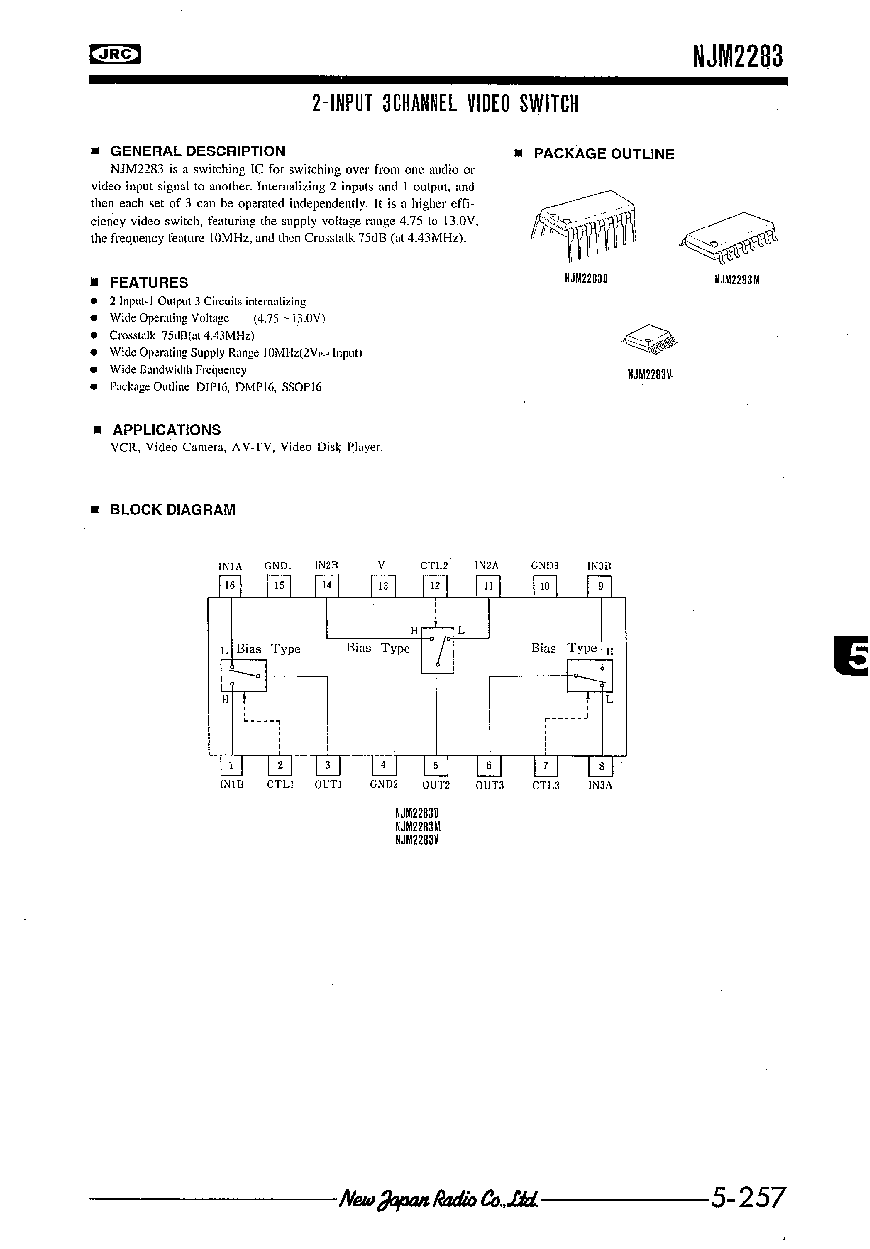 Datasheet NJM2283 - 2-INPUT 3CHANNEL VIDEO SWITCH page 1