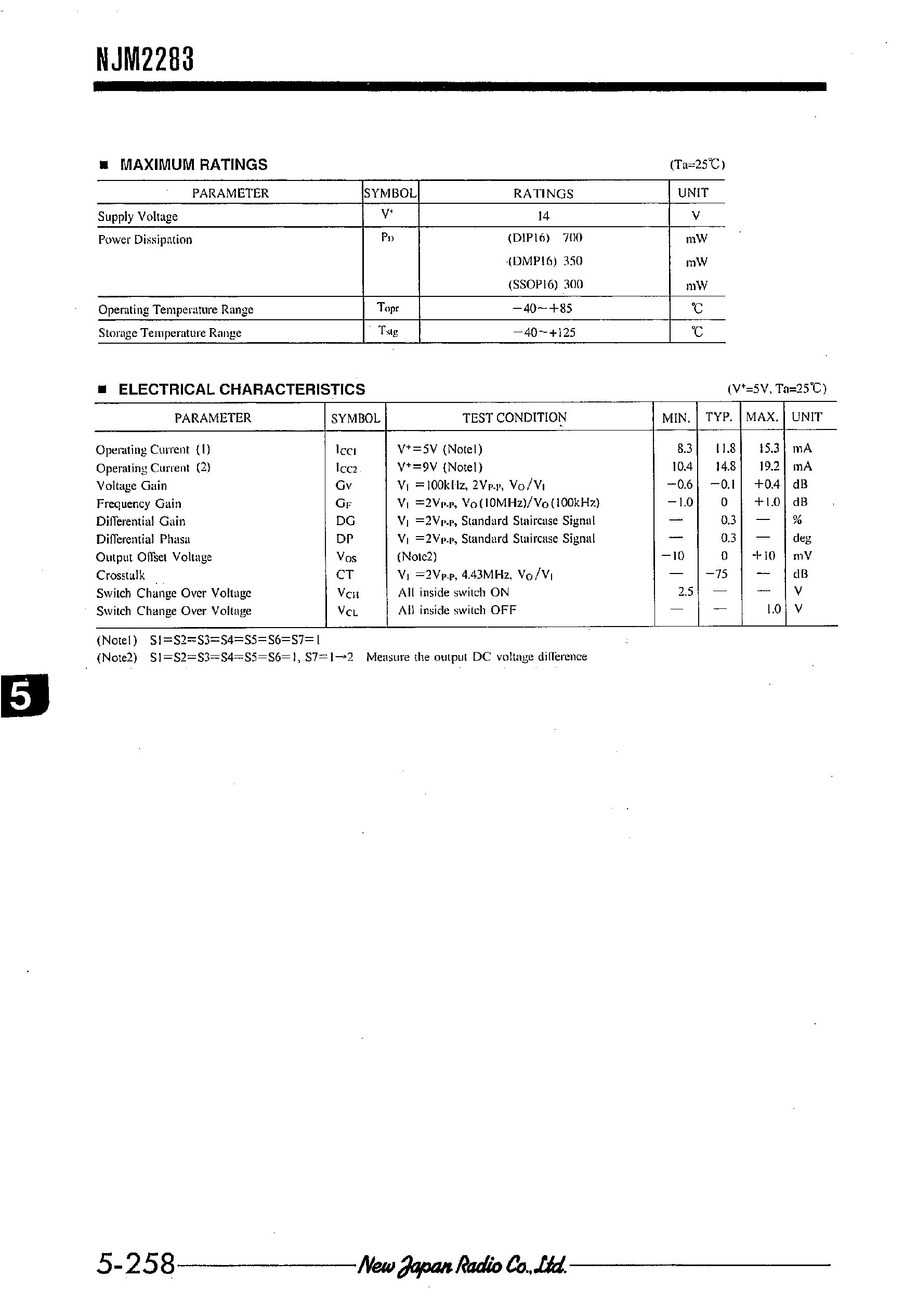 Datasheet NJM2283 - 2-INPUT 3CHANNEL VIDEO SWITCH page 2