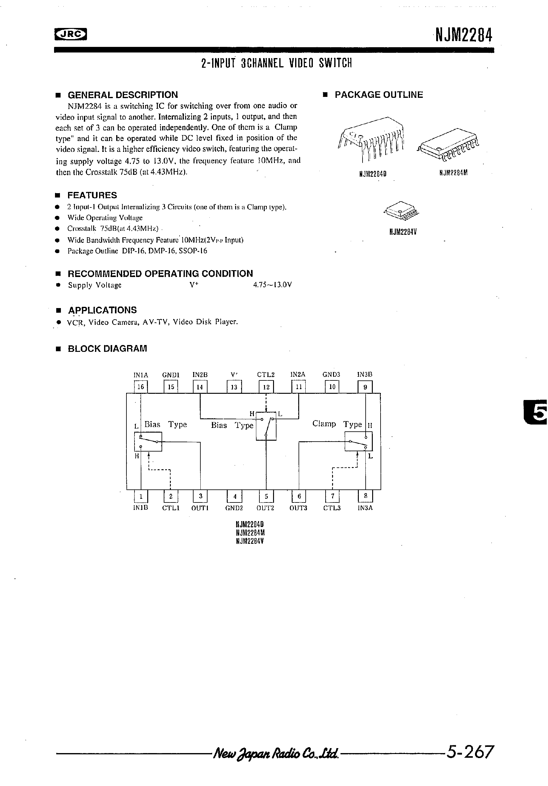 Datasheet NJM2284 - 2-INPUT 3CHANNEL VIDEO SWITCH page 1