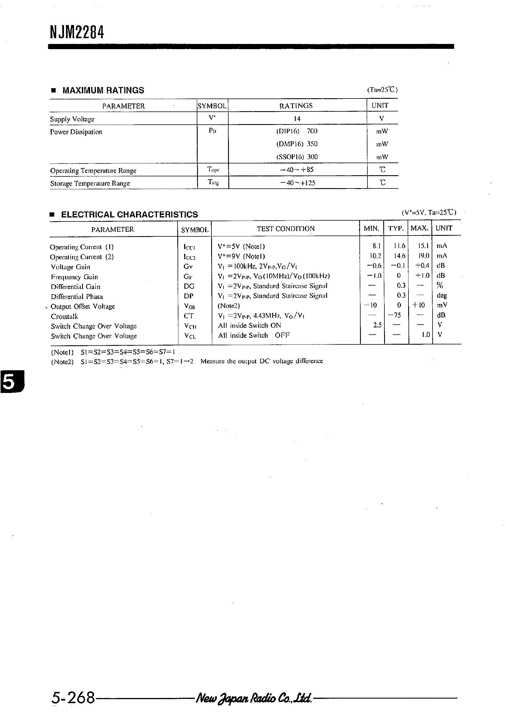 Datasheet NJM2284 - 2-INPUT 3CHANNEL VIDEO SWITCH page 2