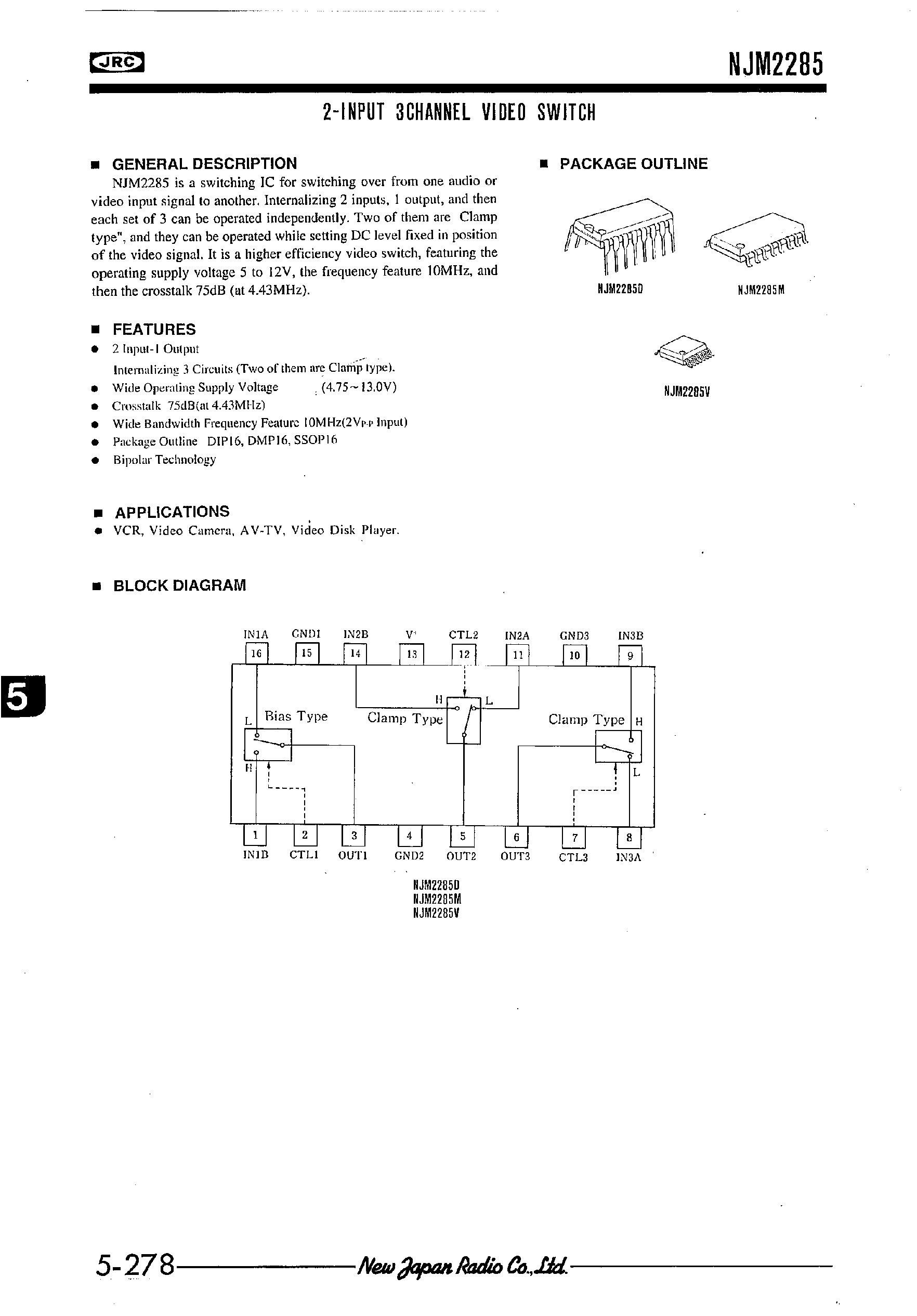Datasheet NJM2285 - 2-INPUT 3CHANNEL VIDEO SWITCH page 1