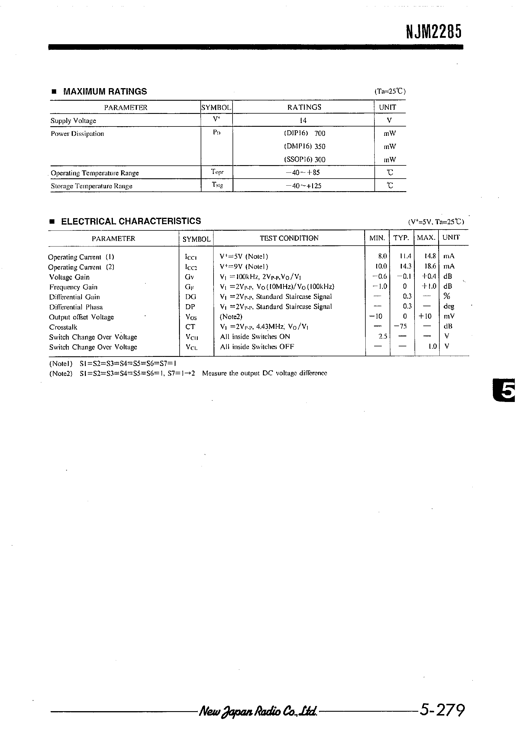 Datasheet NJM2285 - 2-INPUT 3CHANNEL VIDEO SWITCH page 2