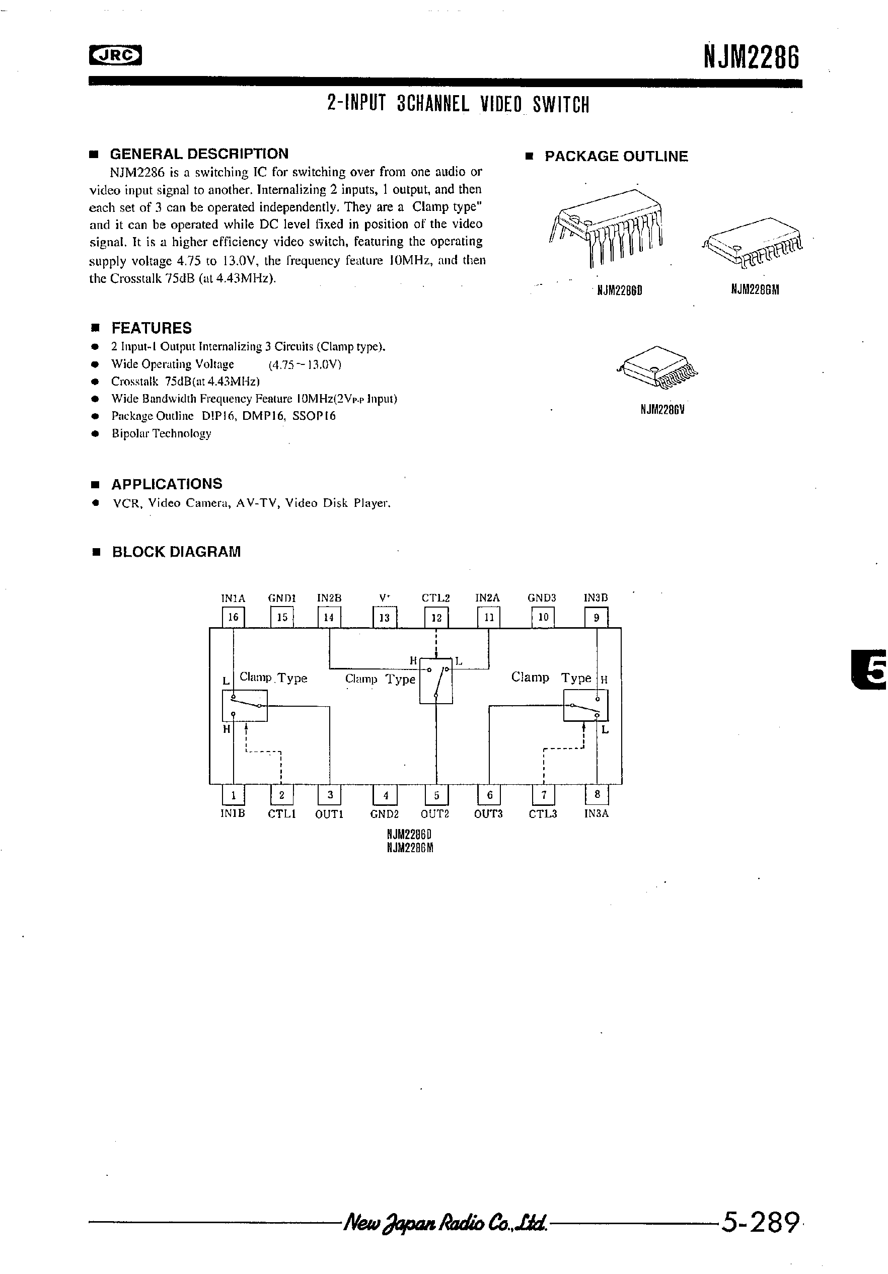 Datasheet NJM2286 - 2-INPUT 3CHANNEL VIDEO SWITCH page 1