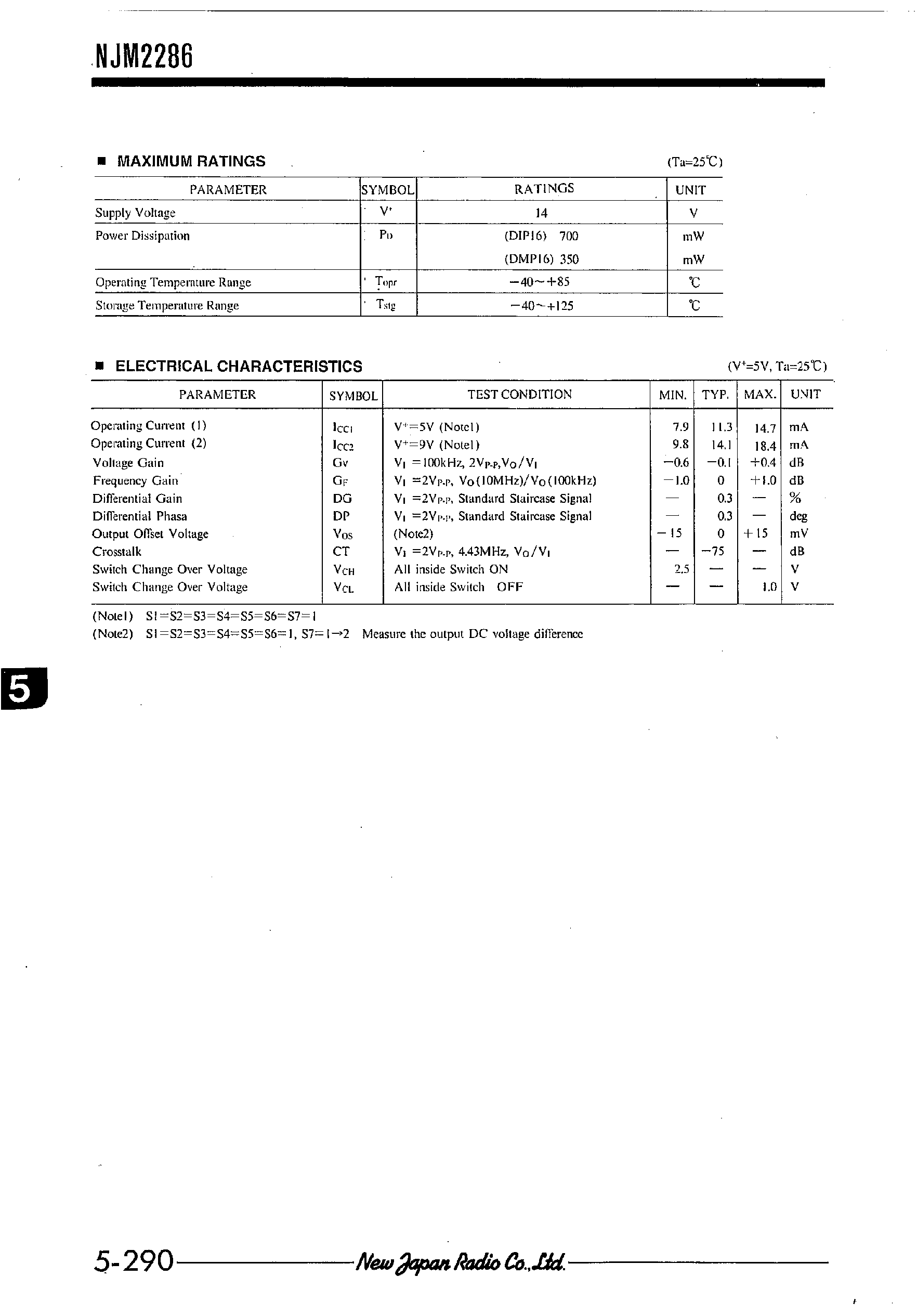 Datasheet NJM2286 - 2-INPUT 3CHANNEL VIDEO SWITCH page 2