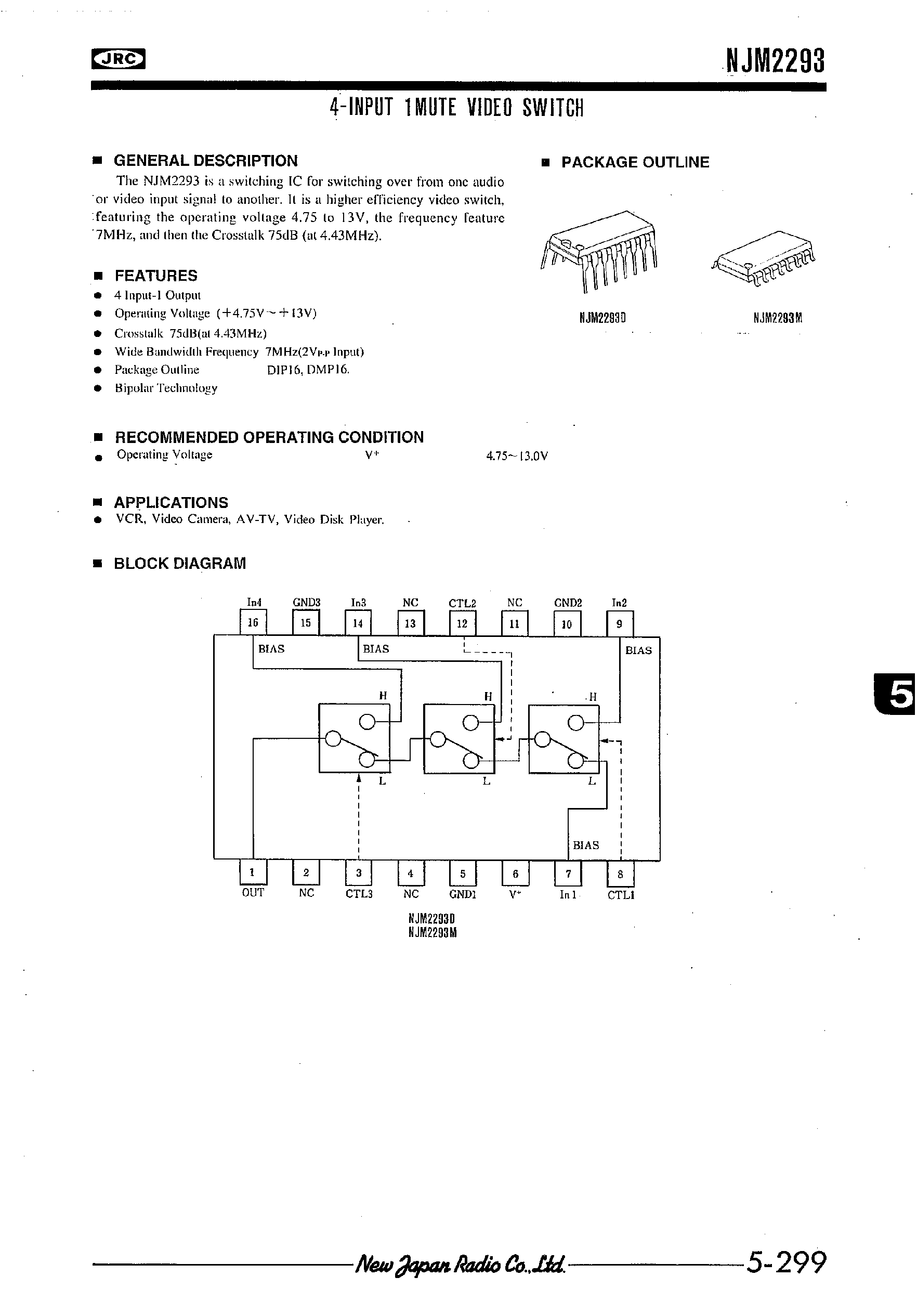 Datasheet NJM2293 - 4-INPUT 1MUTE VIDEO SWITCH page 1