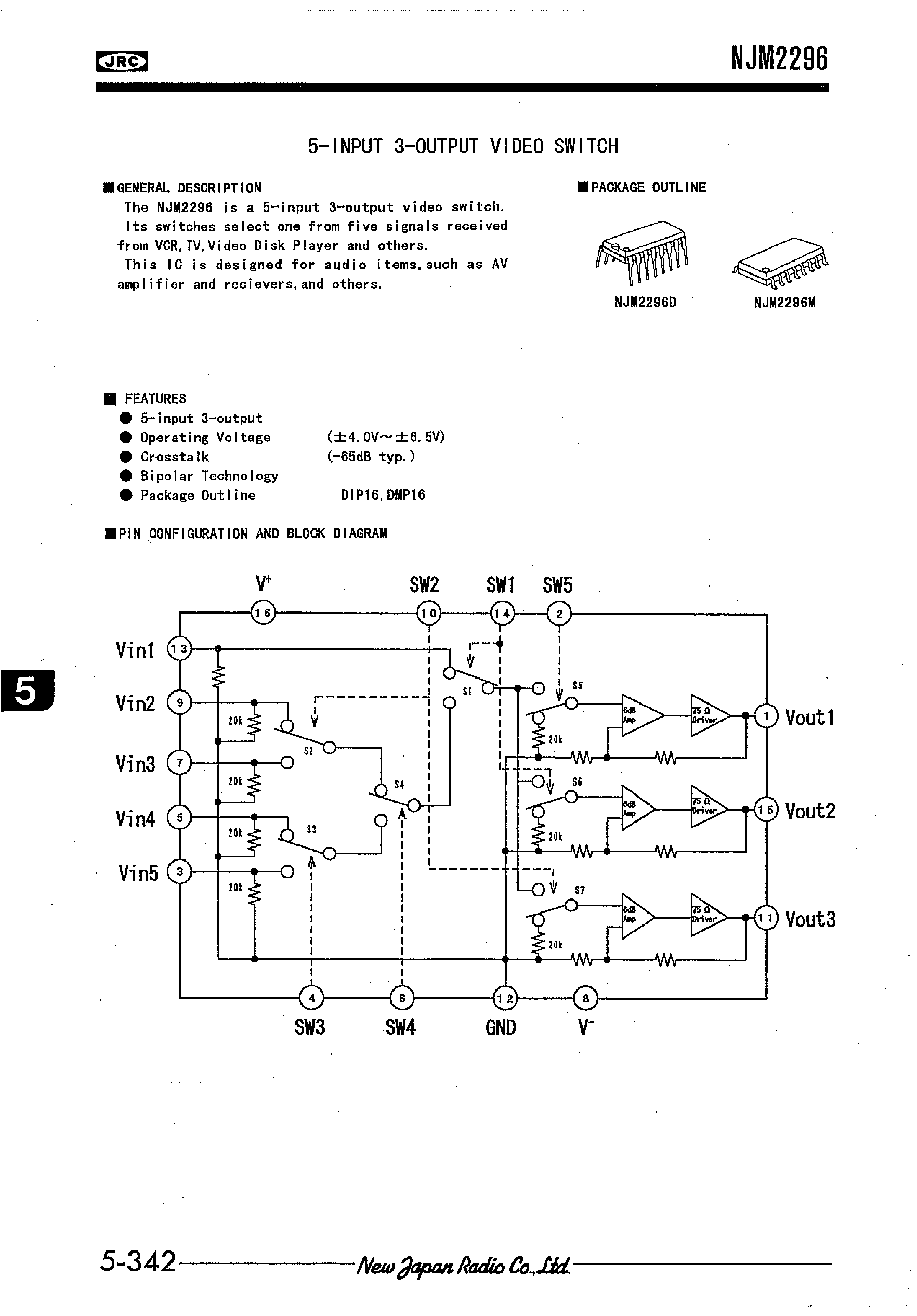 Datasheet NJM2296 page 1 Datasheet NJM2296 - 5-INPUT 3-OUTPUT VIDEO SWITCH page 1