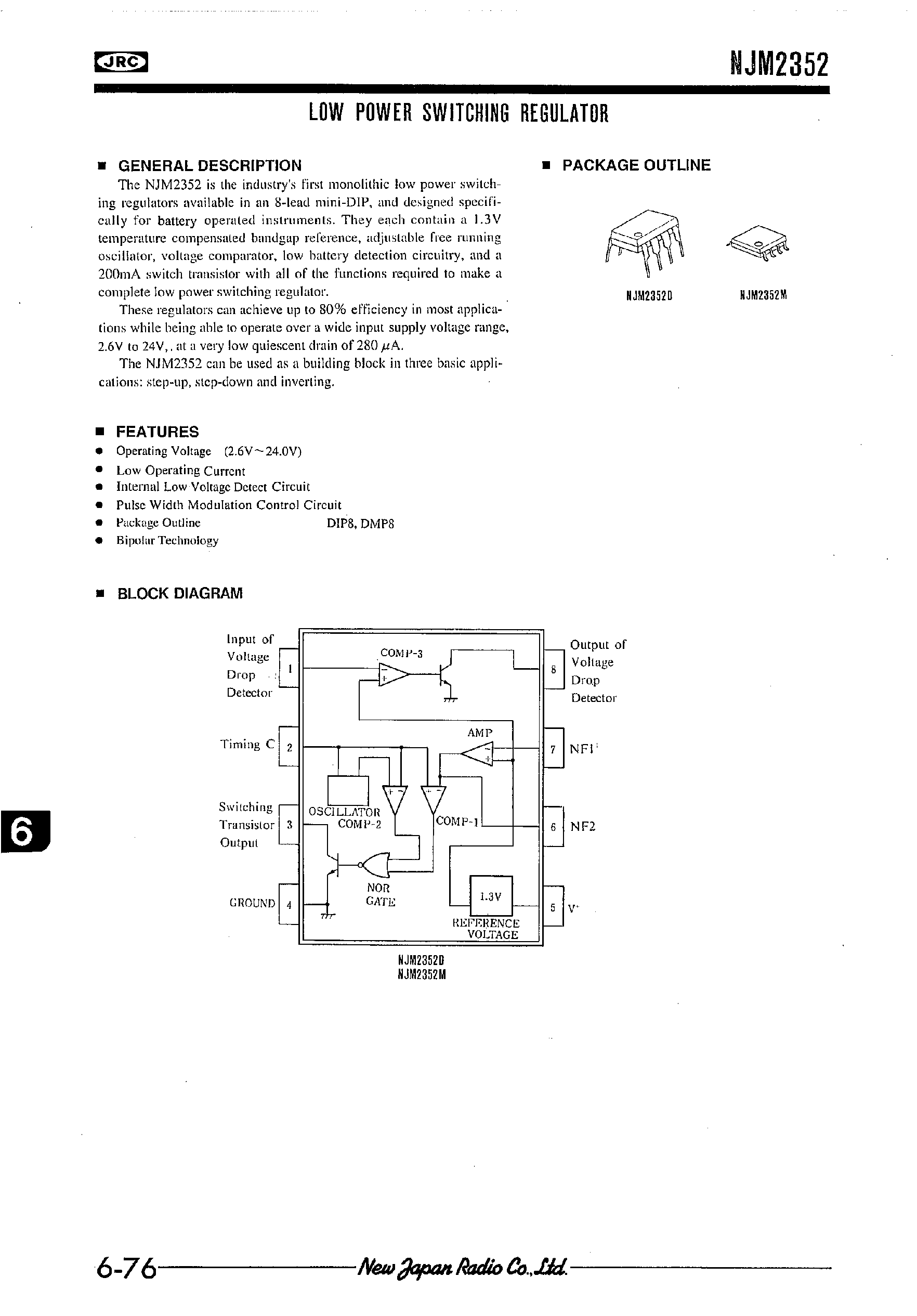 Datasheet NJM2352 page 1 Datasheet NJM2352 - LOW POWER SWITCHING REGULATOR page 1