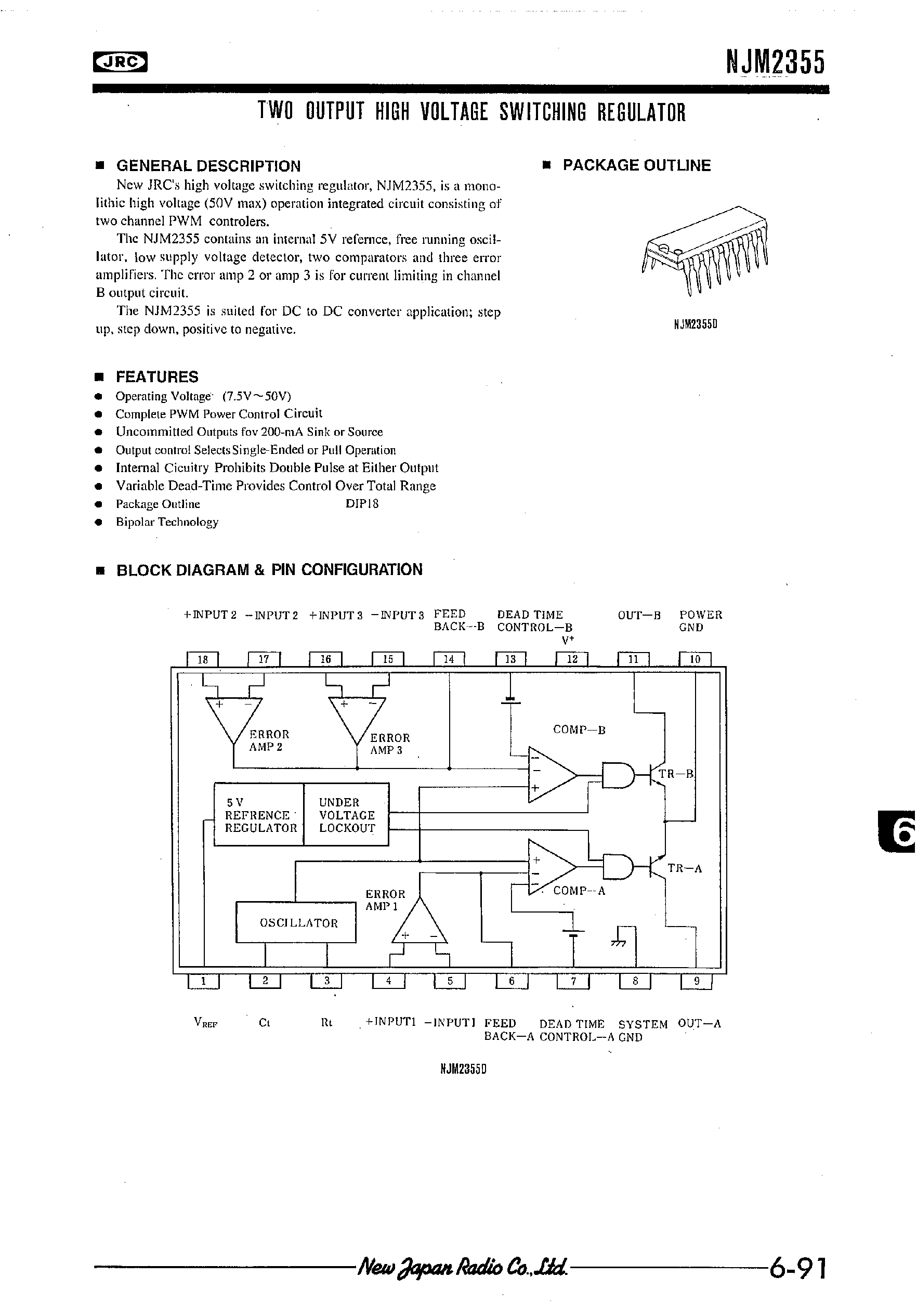 Datasheet NJM2355 page 1 Datasheet NJM2355 - TWO OUTPUT HIGH VOLTAGE SWITCHING REGULATOR page 1