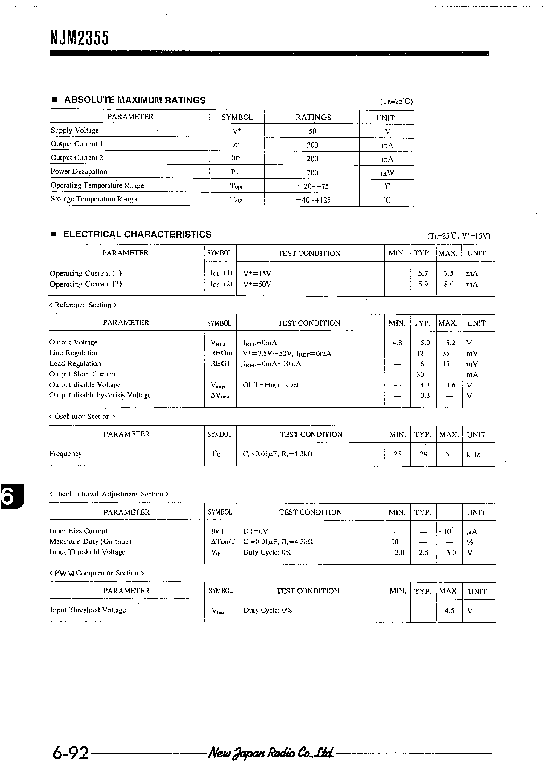 Datasheet NJM2355 page 2 Datasheet NJM2355 - TWO OUTPUT HIGH VOLTAGE SWITCHING REGULATOR page 2