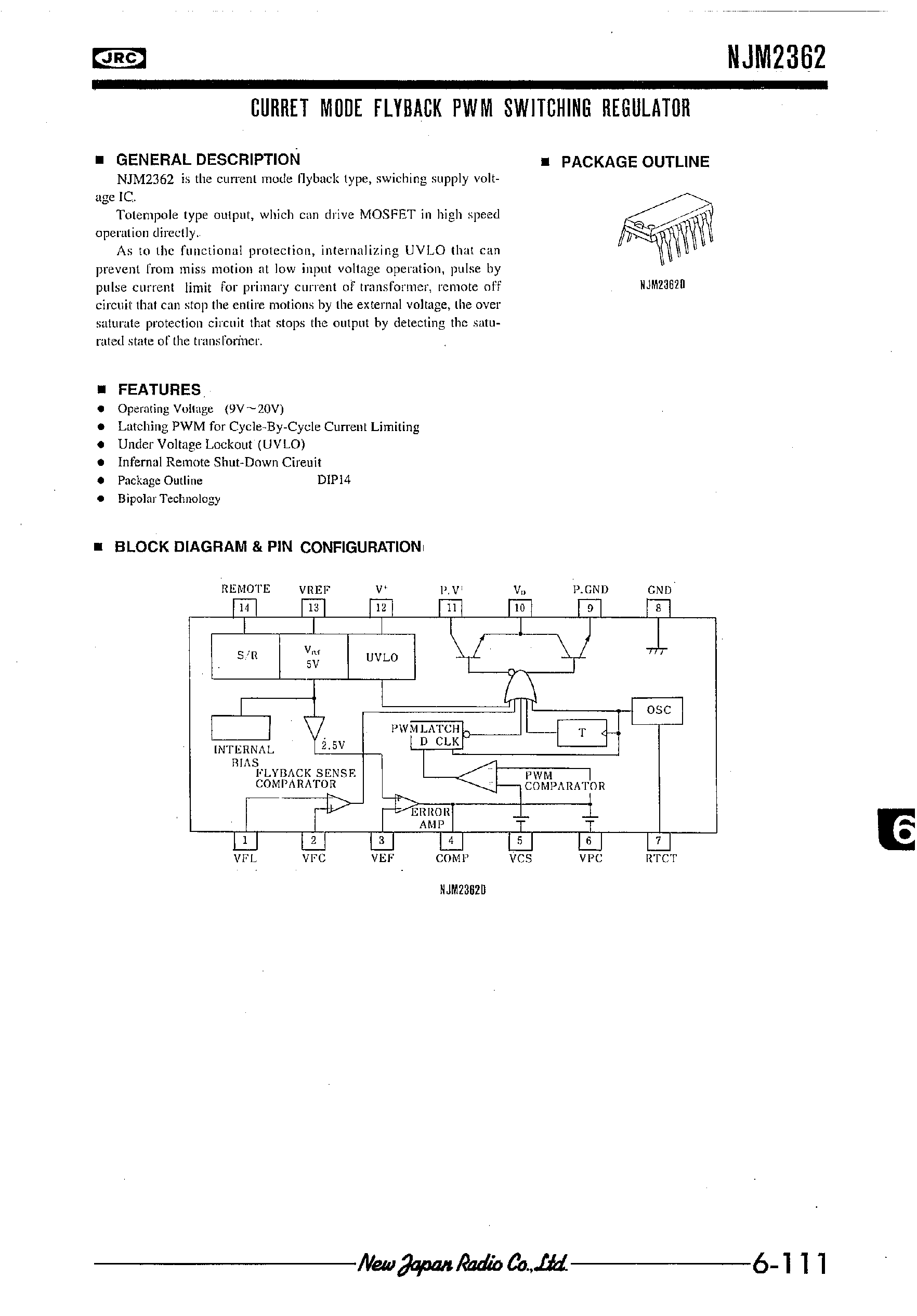 Datasheet NJM2362 page 1 Datasheet NJM2362 - CURRET MODE FLYBACK PWM SWITCHING REGULATOR page 1