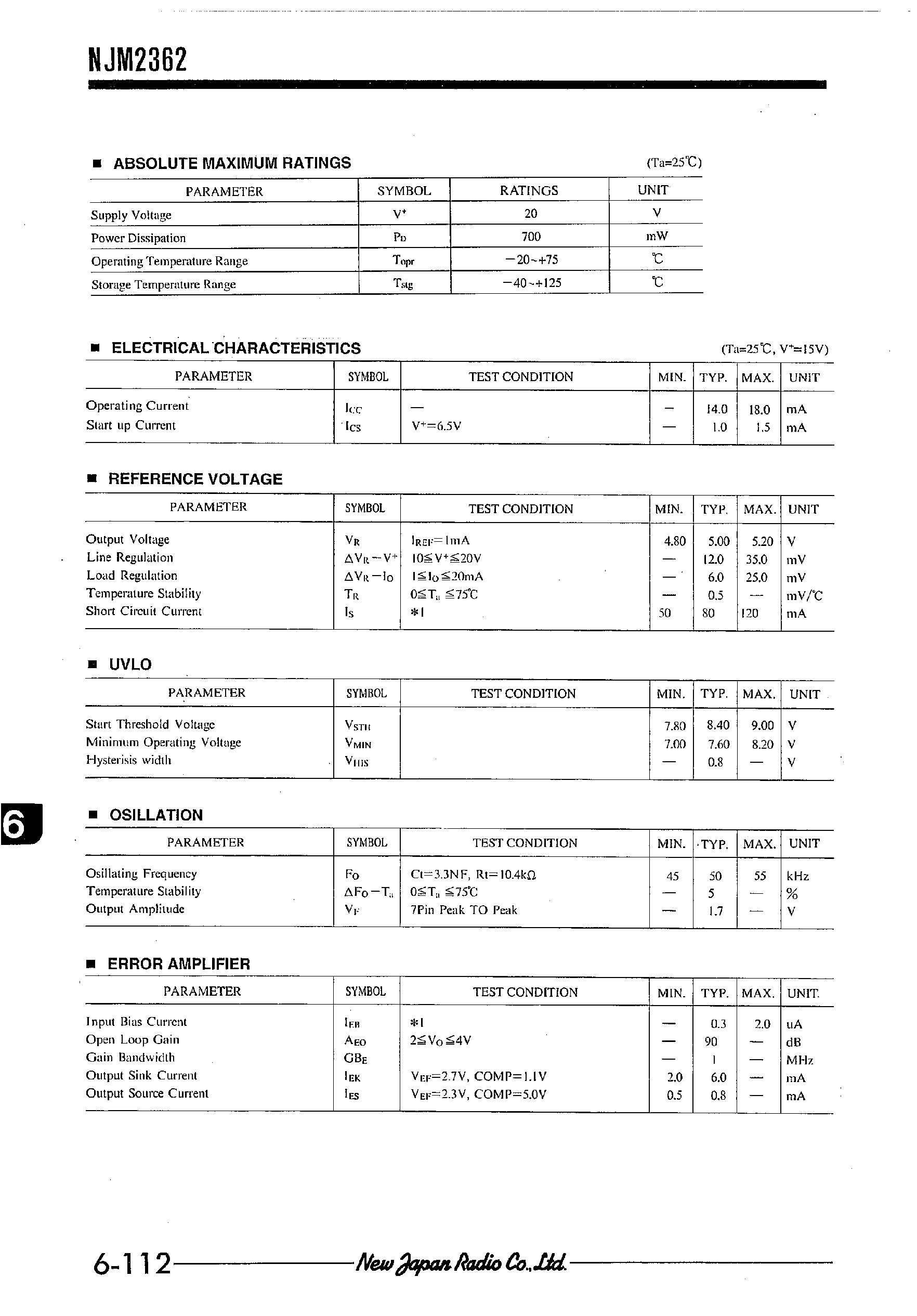 Datasheet NJM2362 page 2 Datasheet NJM2362 - CURRET MODE FLYBACK PWM SWITCHING REGULATOR page 2