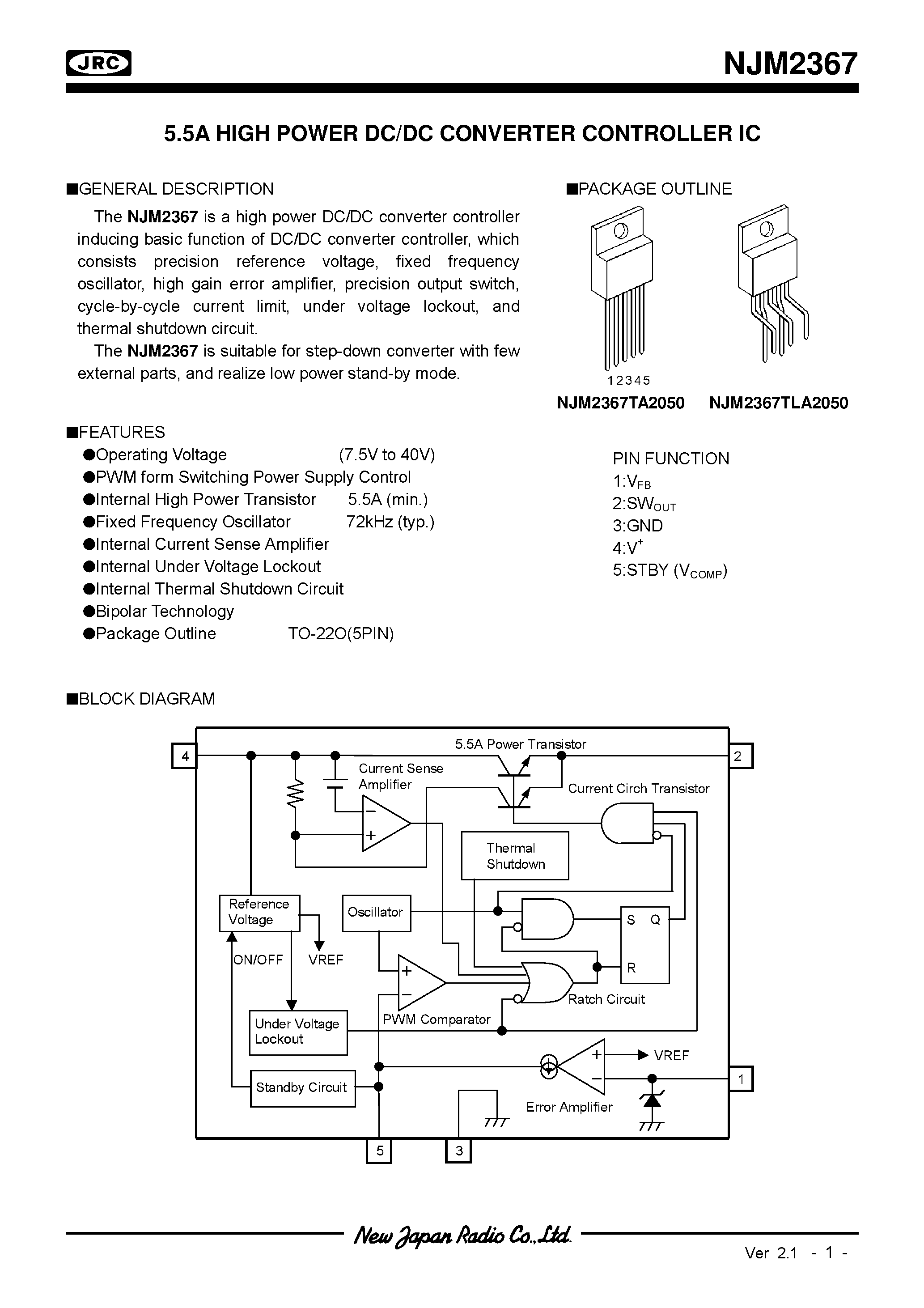 Datasheet NJM2367 - 5.5A HIGH POWER DC/DC CONVERTER CONTROLLER IC page 1