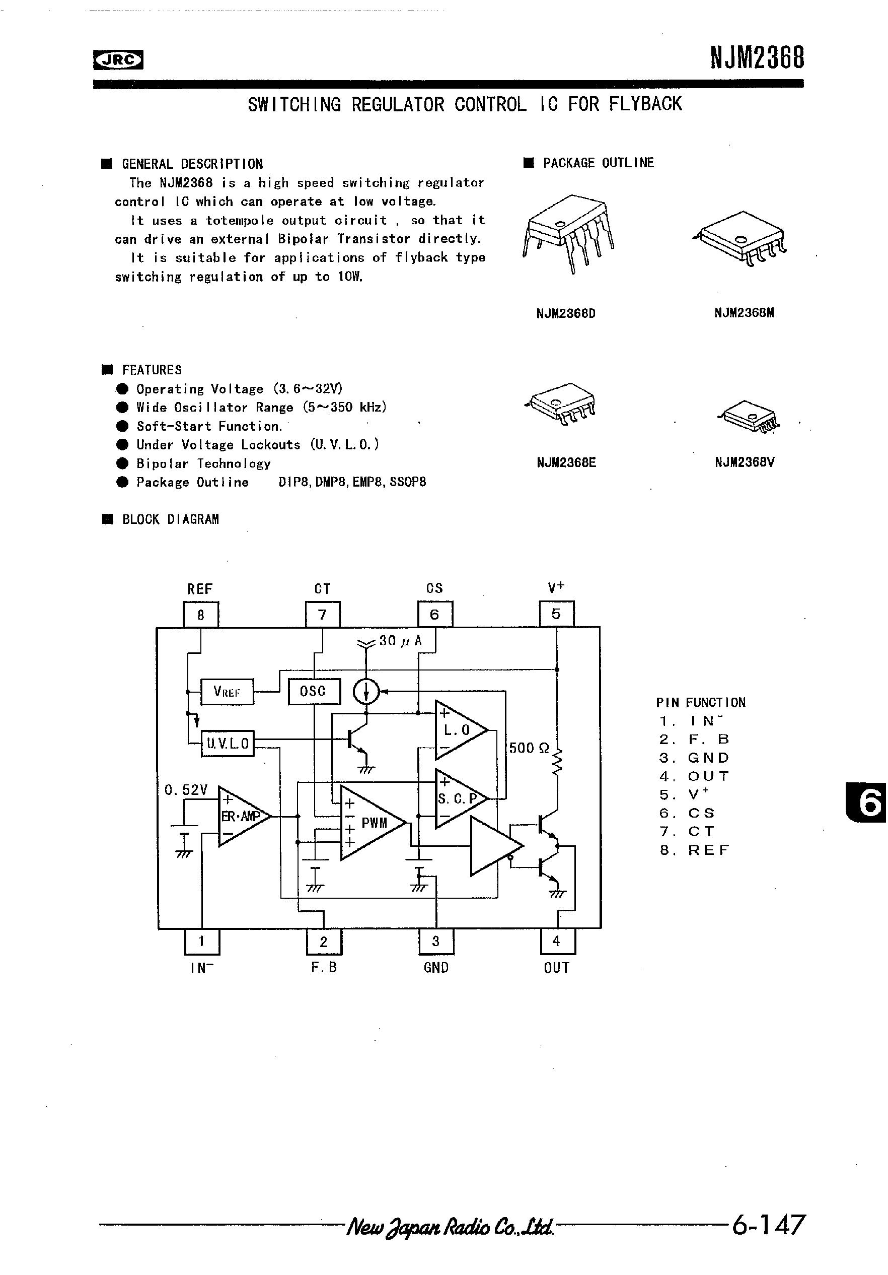 Datasheet NJM2368 page 1 Datasheet NJM2368 - SWITCHING REGULATOR CONTROL IC FOR FLYBACK page 1