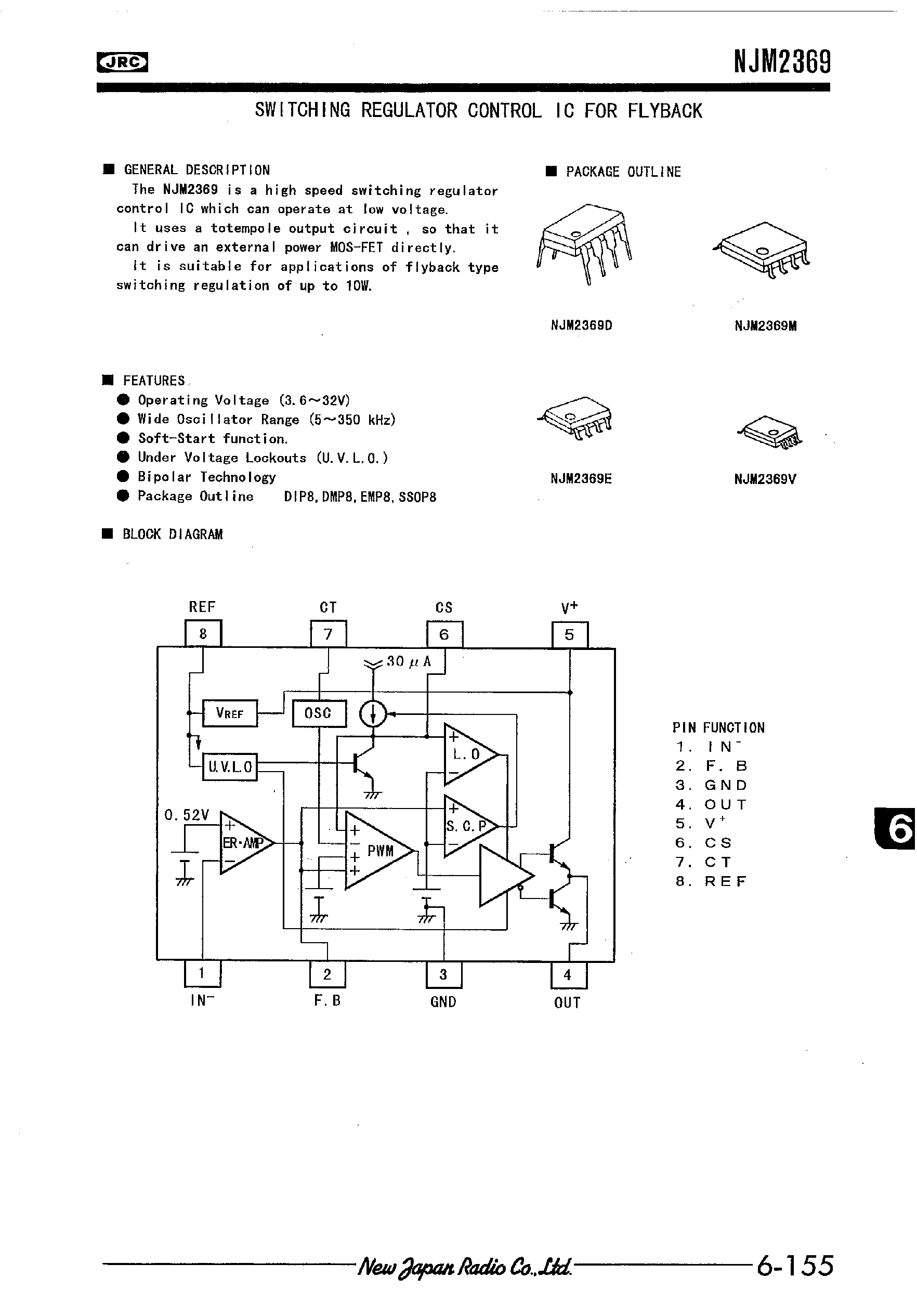 Datasheet NJM2369 page 1 Datasheet NJM2369 - SWITCHING REGULATOR CONTROL IC FOR FLYBACK page 1