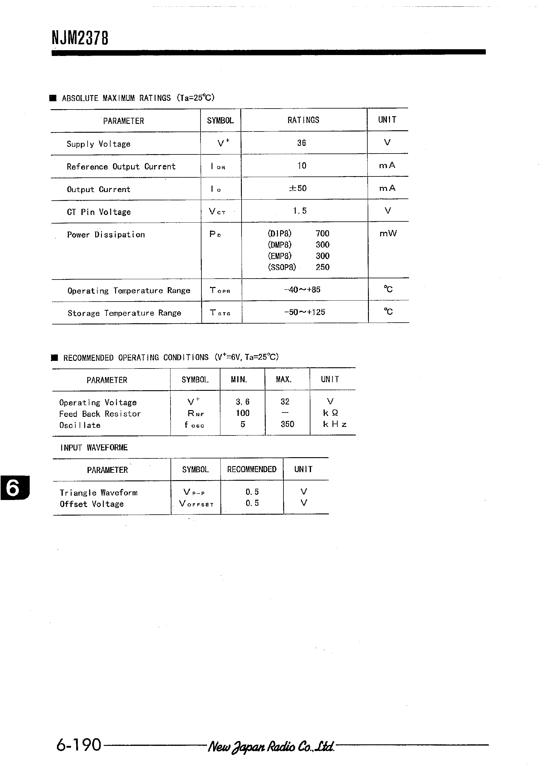 Datasheet NJM2378 page 2 Datasheet NJM2378 - PWM SWITCHING REGULATOR CONTROL IC FOR SLAVE TYPE page 2