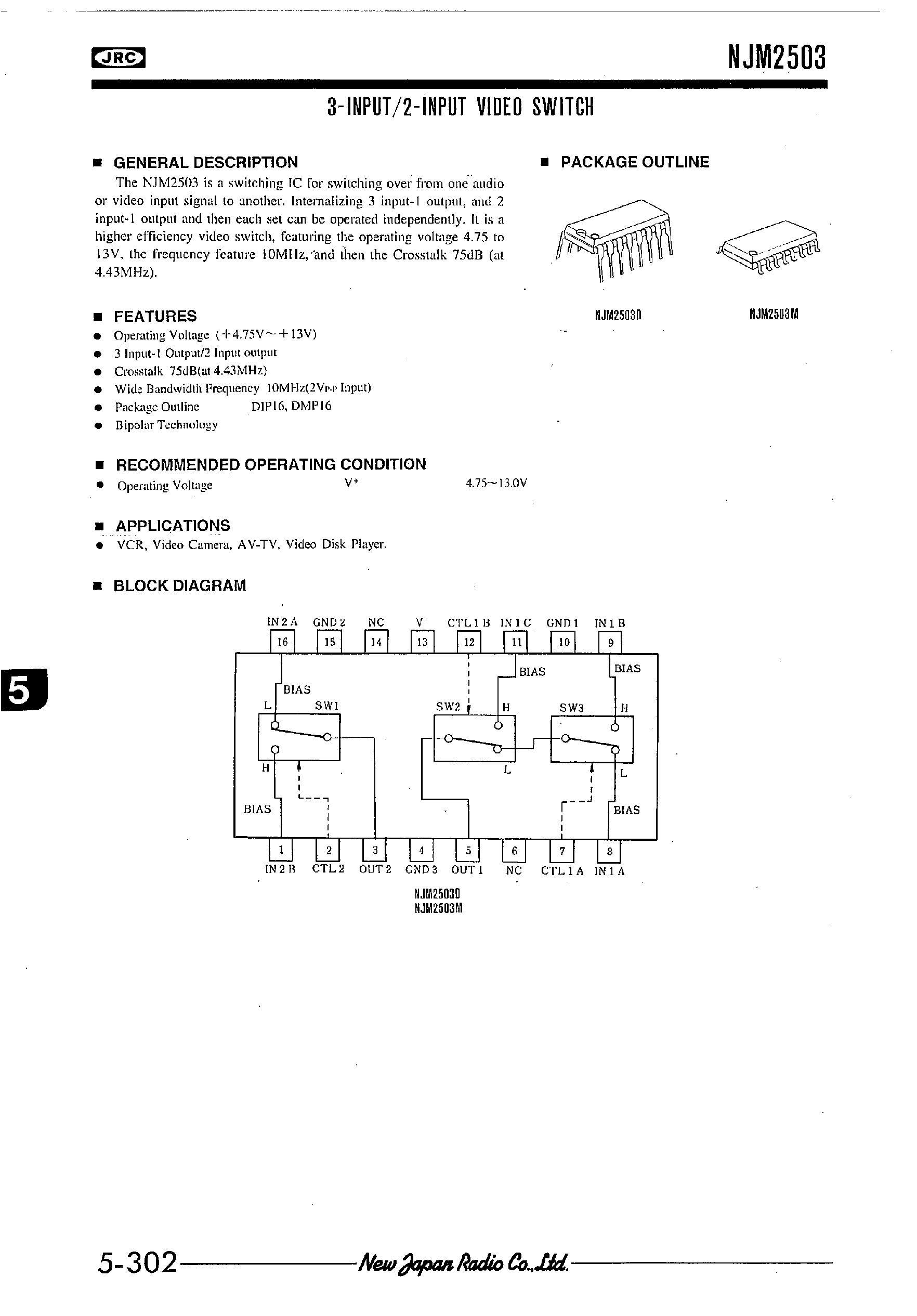 Datasheet NJM2503 - 3-INPUT/2-INPUT VIDEO SWITCH page 1