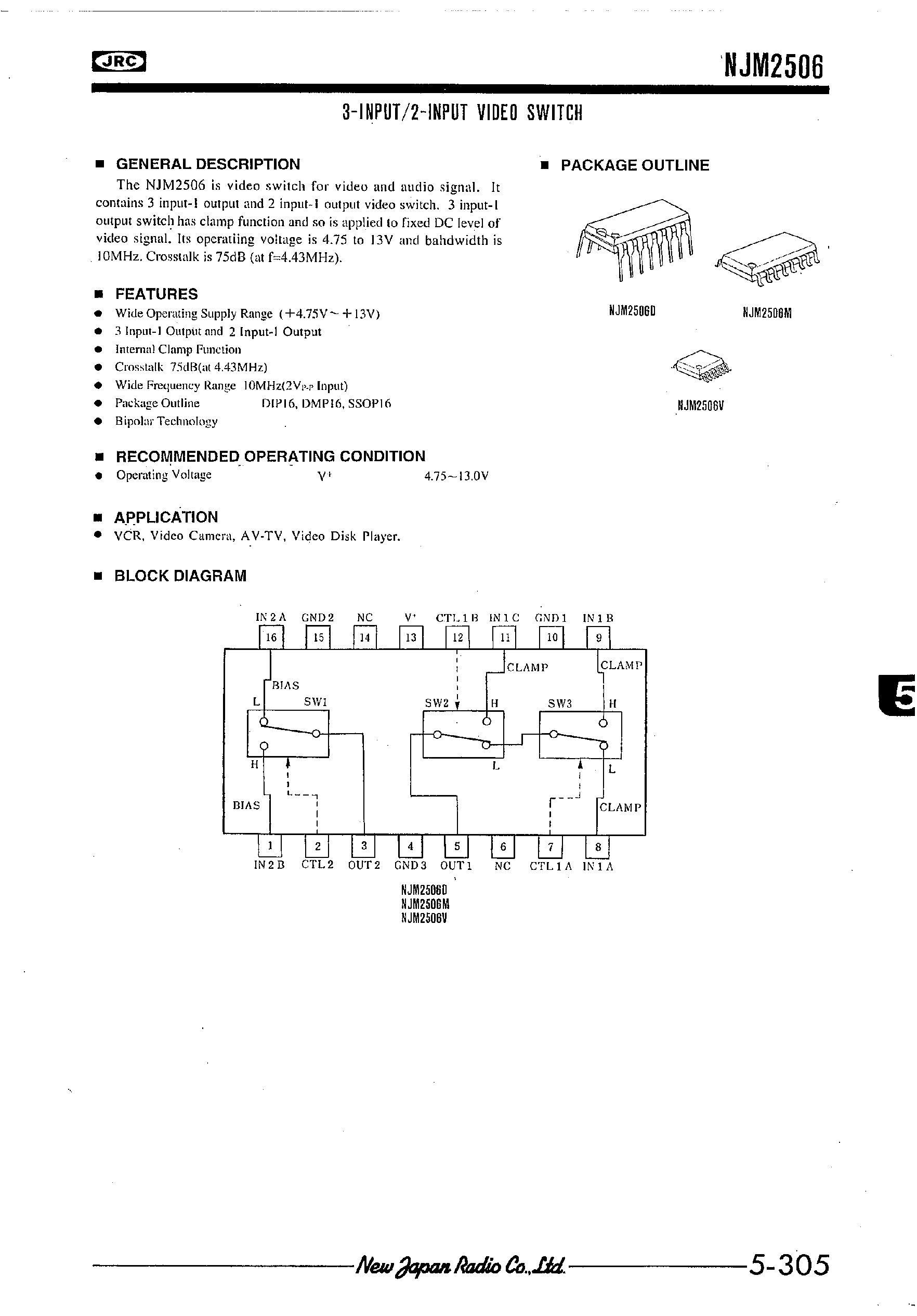 Datasheet NJM2506 - 3-INPUT/2-INPUT VIDEO SWITCH page 1