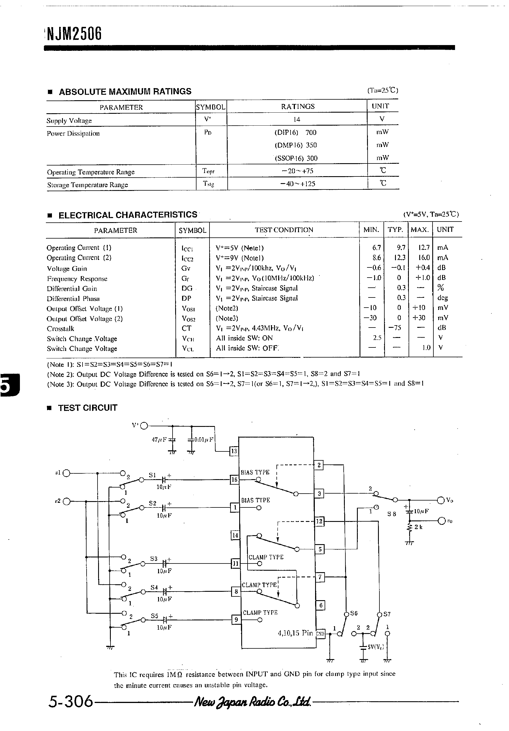 Datasheet NJM2506 - 3-INPUT/2-INPUT VIDEO SWITCH page 2