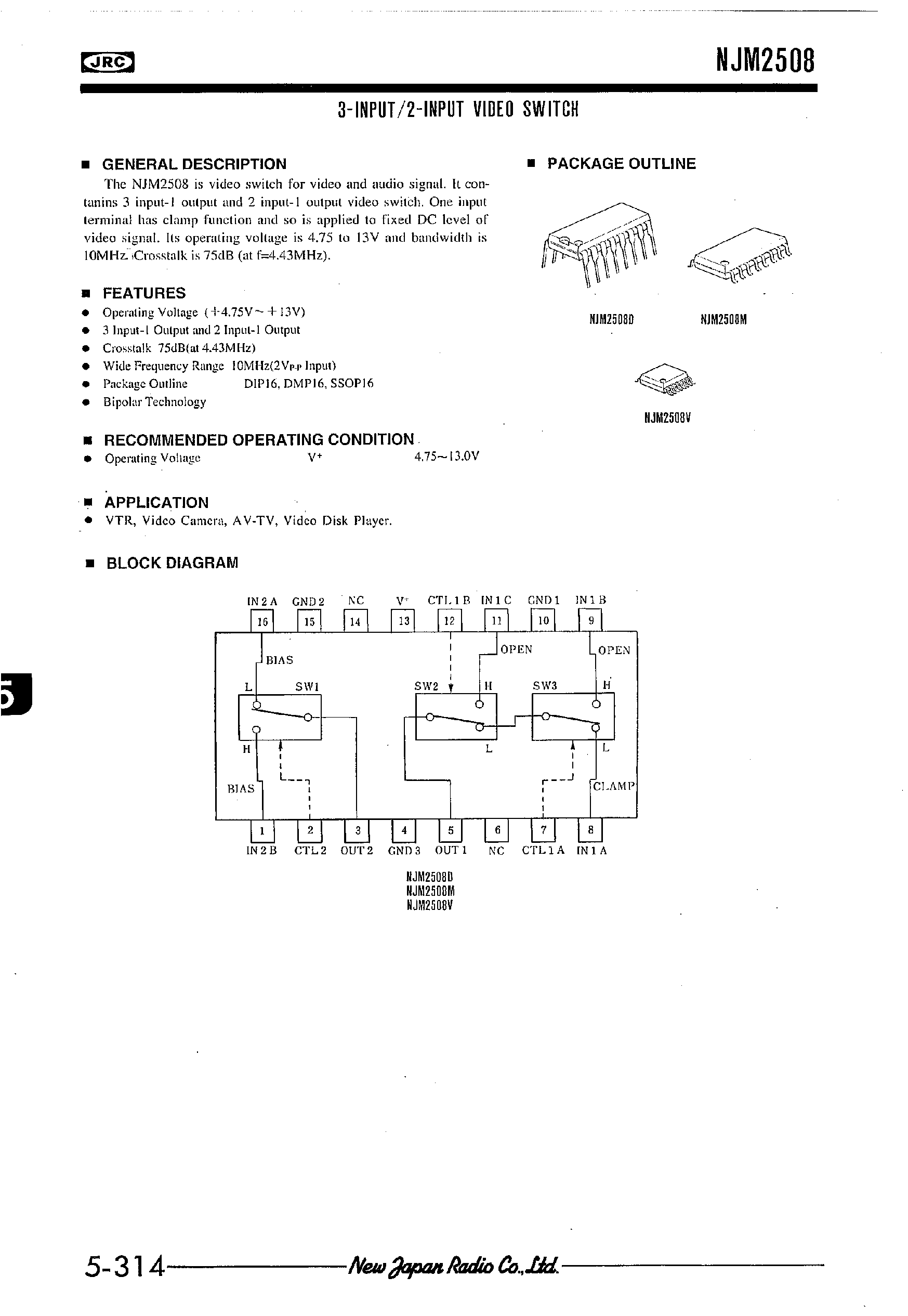 Datasheet NJM2508 - 3-INPUT/2-INPUT VIDEO SWITCH page 1