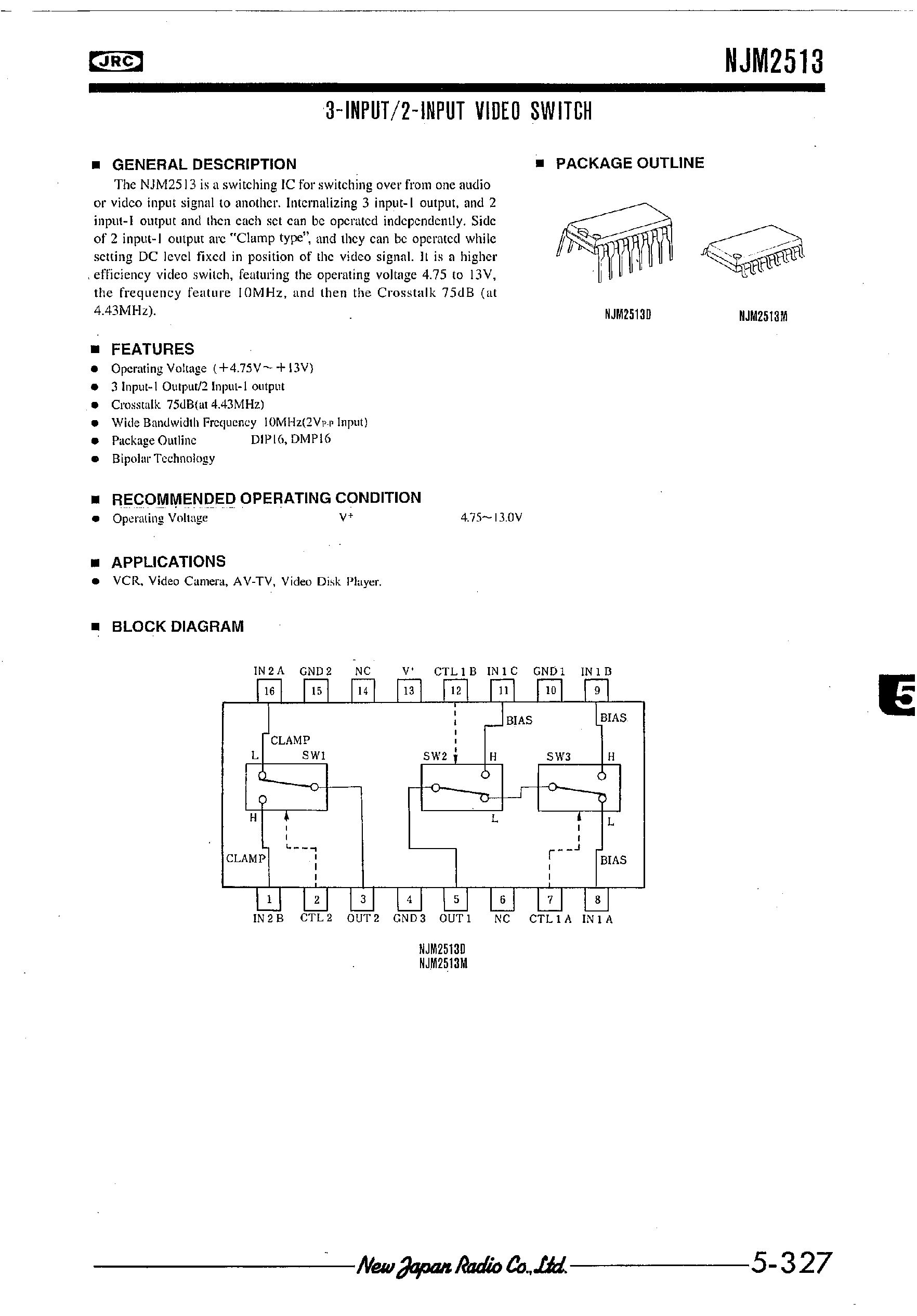 Datasheet NJM2513 - 3-INPUT/2-INPUT VIDEO SWITCH page 1