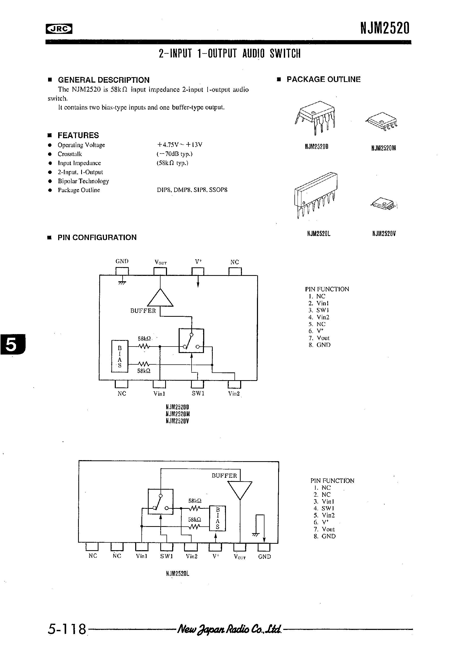 Datasheet NJM2520 - 2-INPUT 1-OUTPUT AUDIO SWITCH page 1