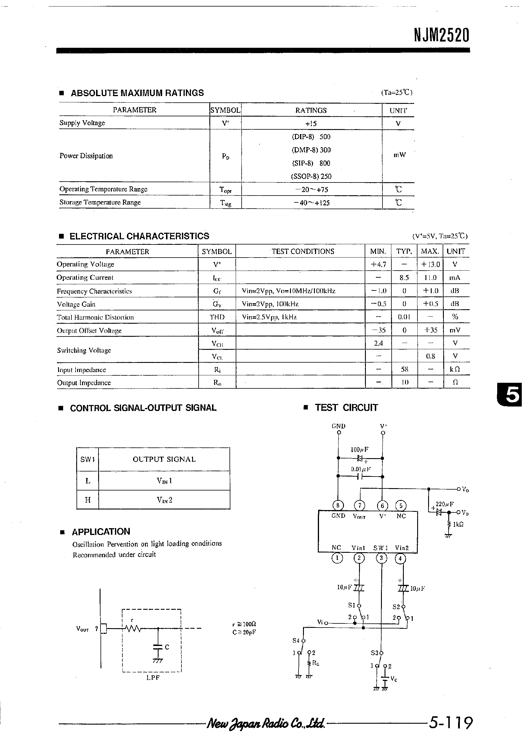 Datasheet NJM2520 - 2-INPUT 1-OUTPUT AUDIO SWITCH page 2
