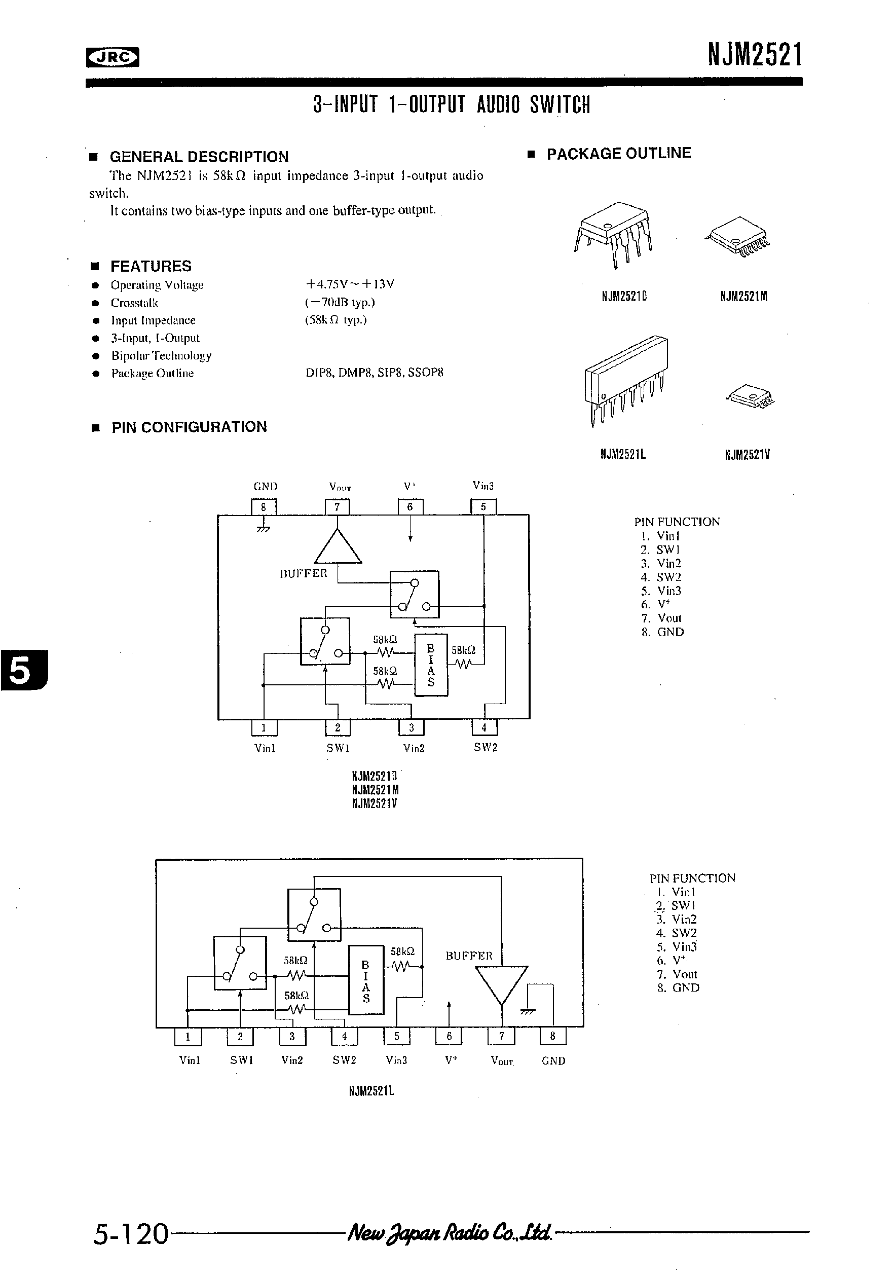 Datasheet NJM2521 - 3-INPUT 1-OUTPUT AUDIO SWITCH page 1