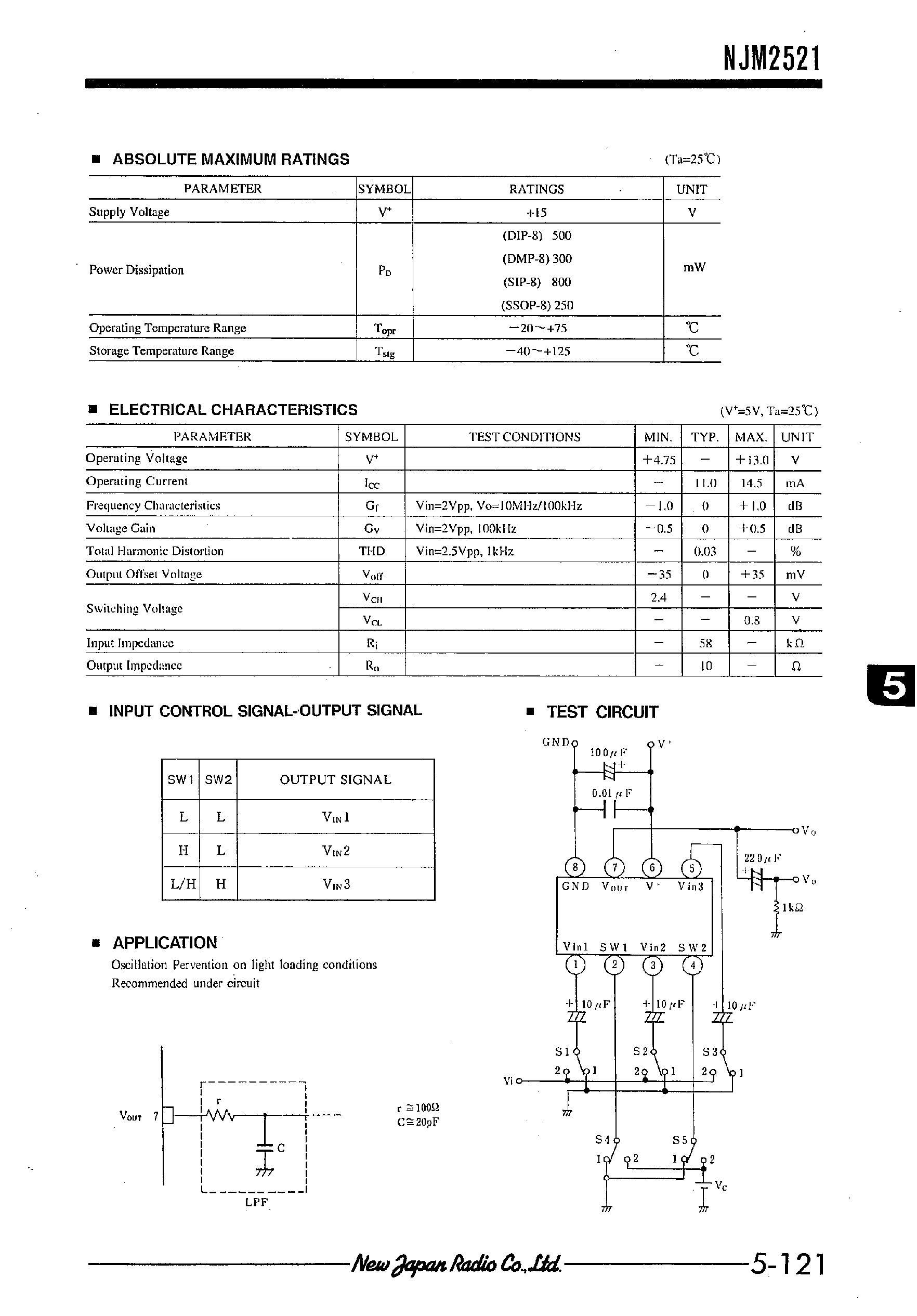 Datasheet NJM2521 - 3-INPUT 1-OUTPUT AUDIO SWITCH page 2