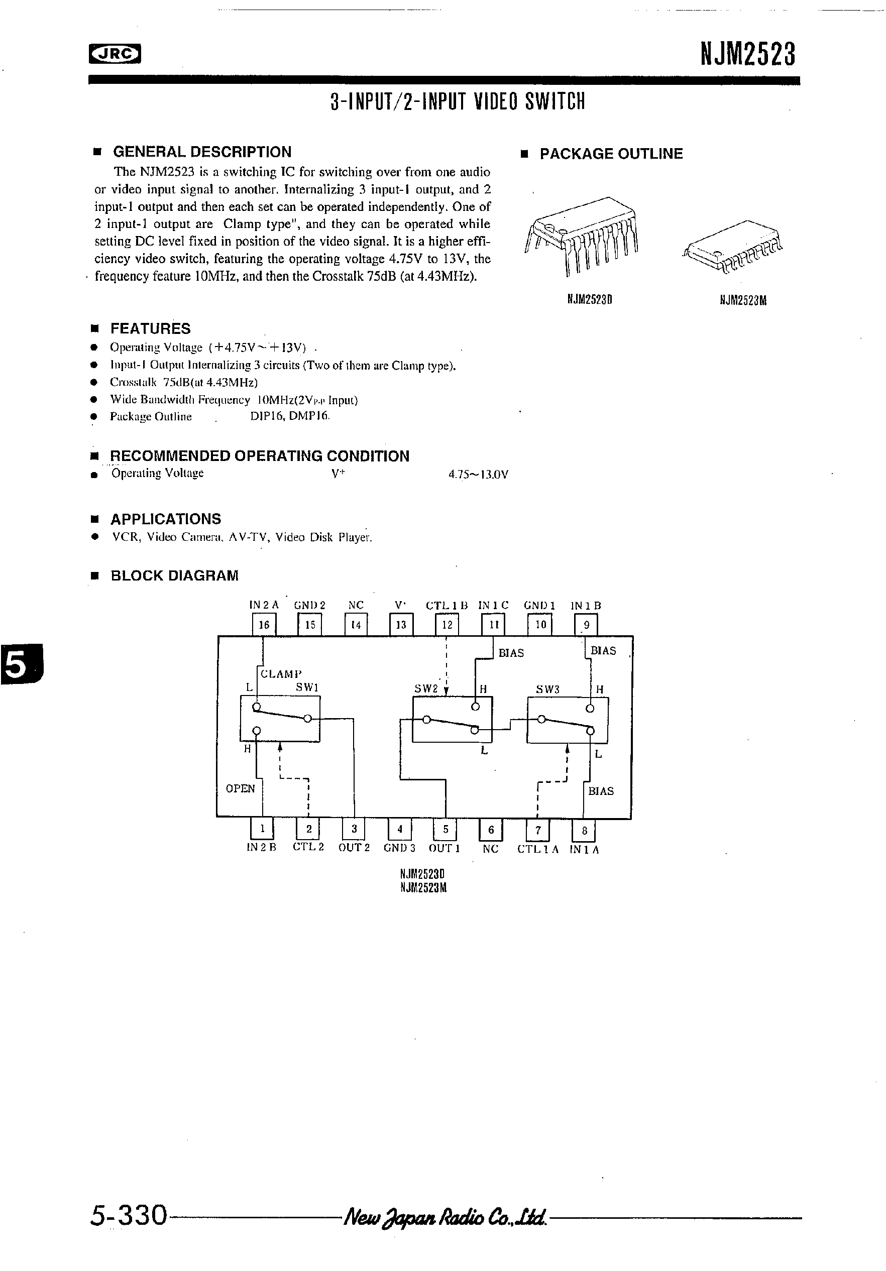 Datasheet NJM2523 - 3-INPUT 2-INPUT VIDEO SWITCH page 1