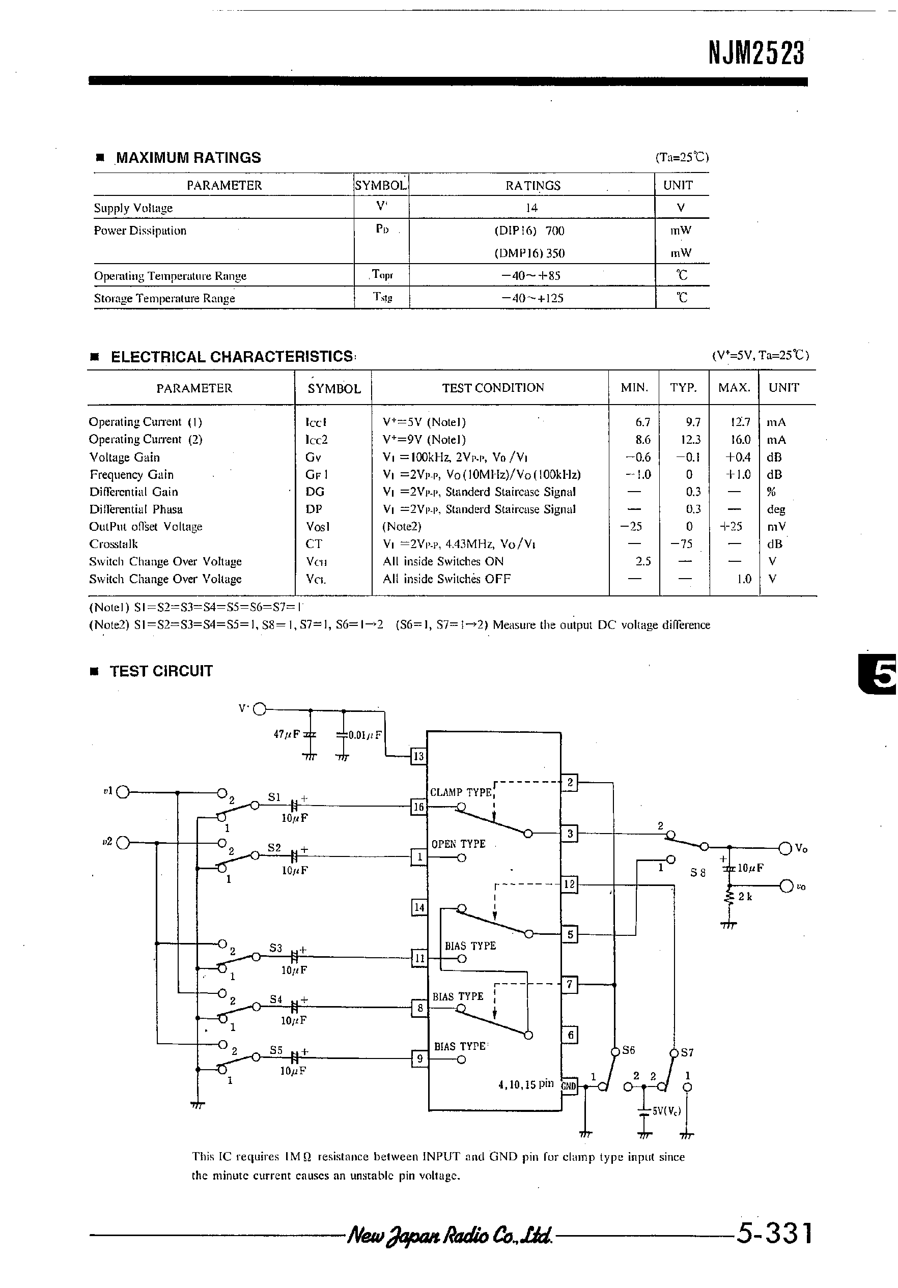 Datasheet NJM2523 - 3-INPUT 2-INPUT VIDEO SWITCH page 2