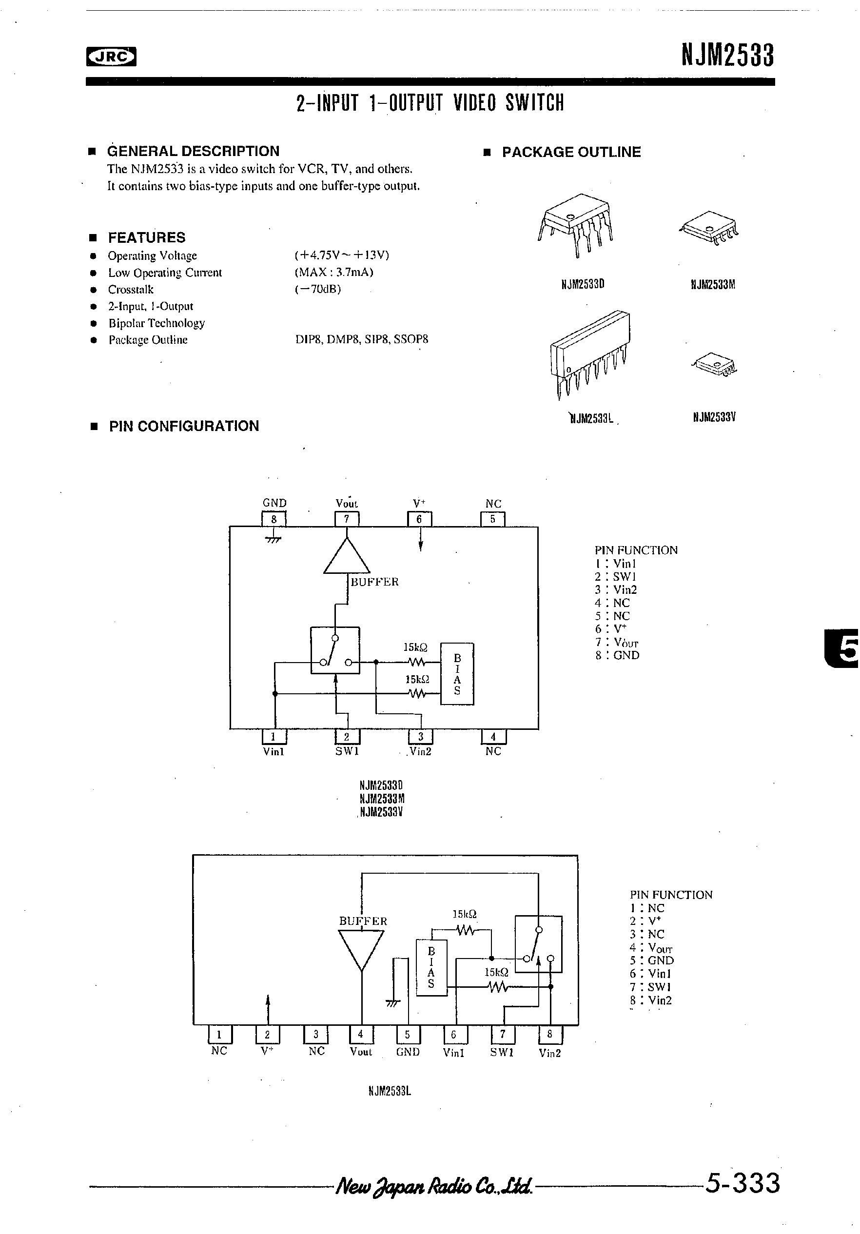 Datasheet NJM2533 - 2-INPUT 1-OUTPUT VIDEO SWITCH page 1
