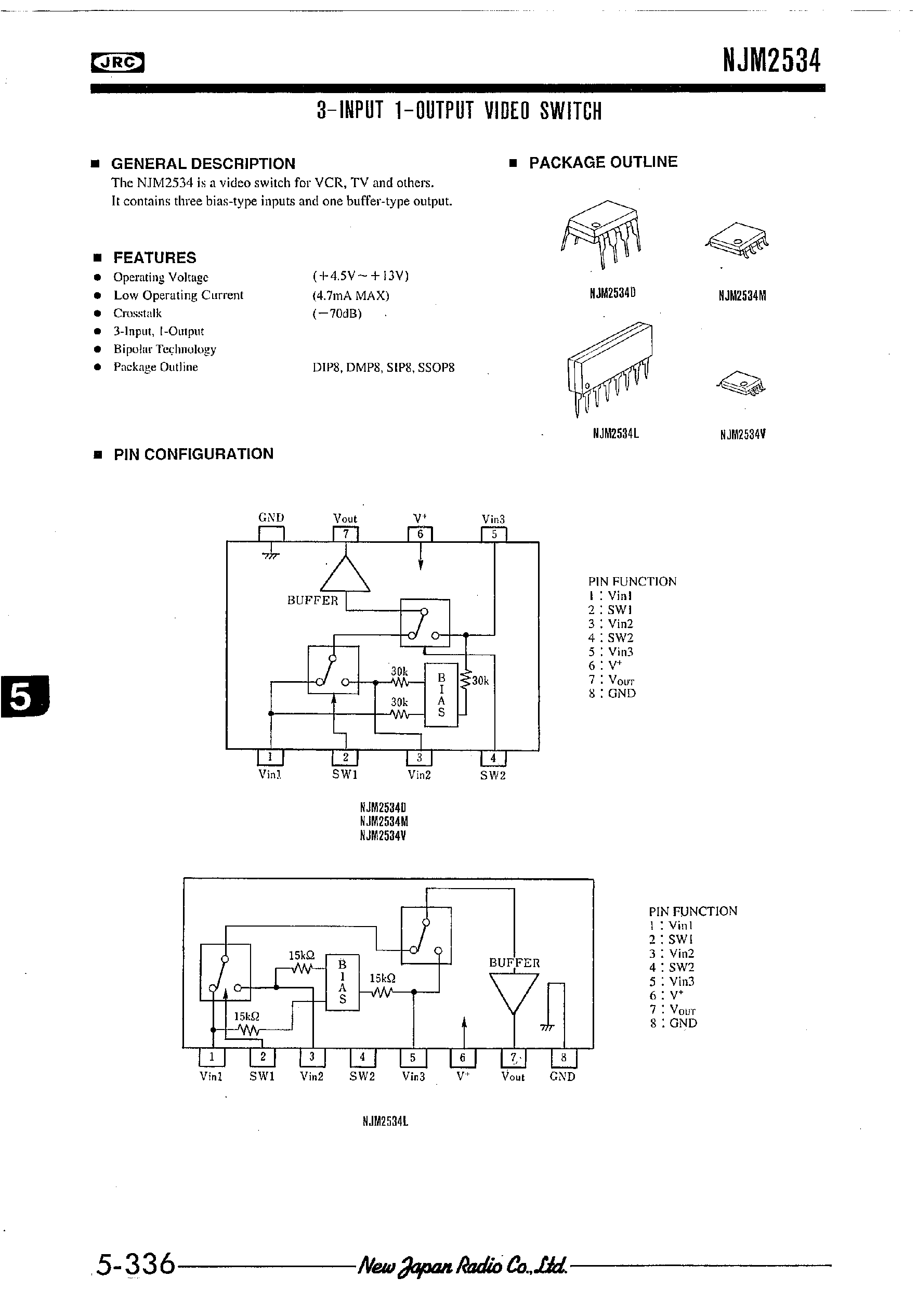 Datasheet NJM2534 - 3-INPUT 1-OUTPUT VIDEO SWITCH page 1