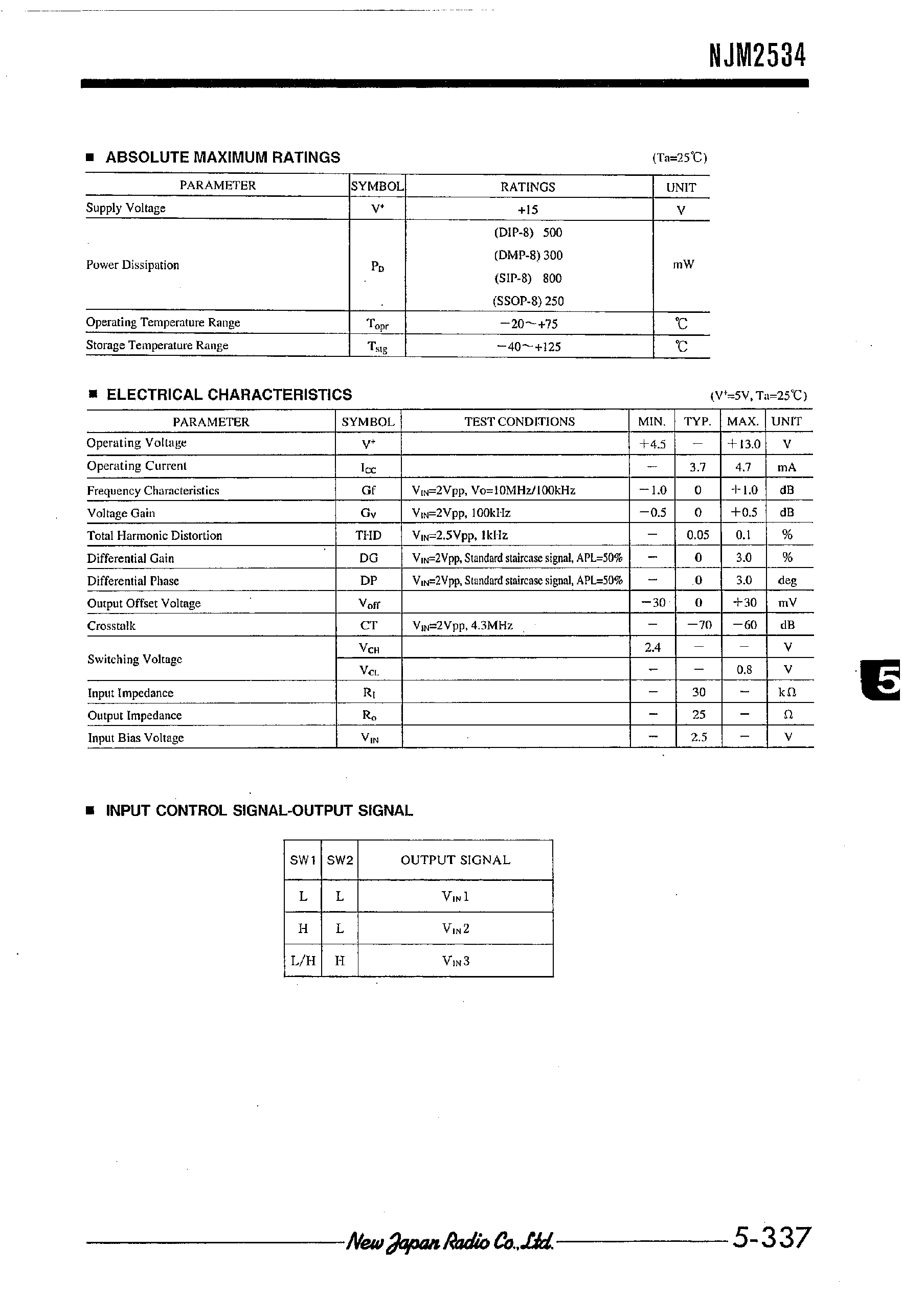 Datasheet NJM2534 - 3-INPUT 1-OUTPUT VIDEO SWITCH page 2