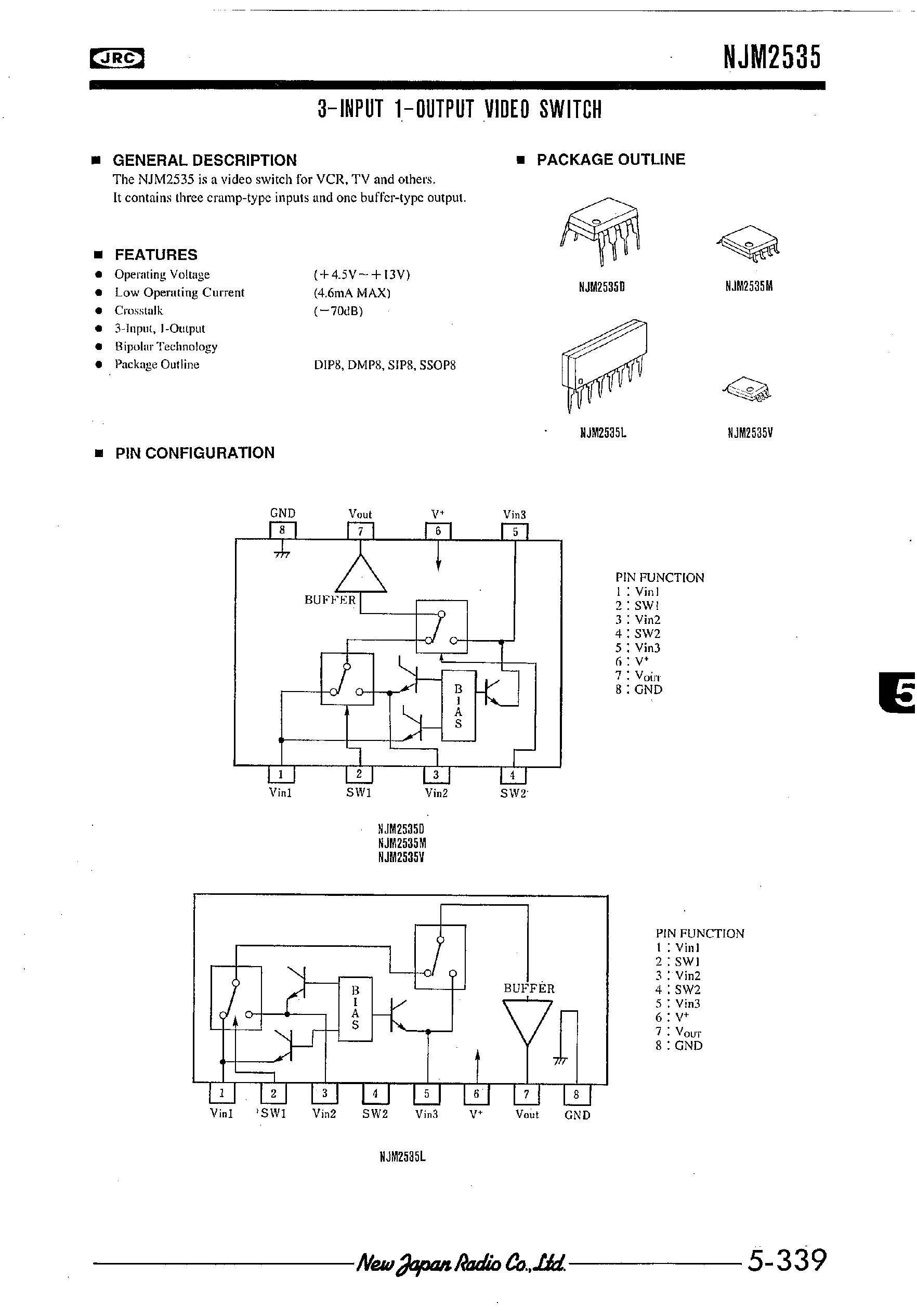 Datasheet NJM2535 - 3-INPUT 1-OUTPUT VIDEO SWITCH page 1