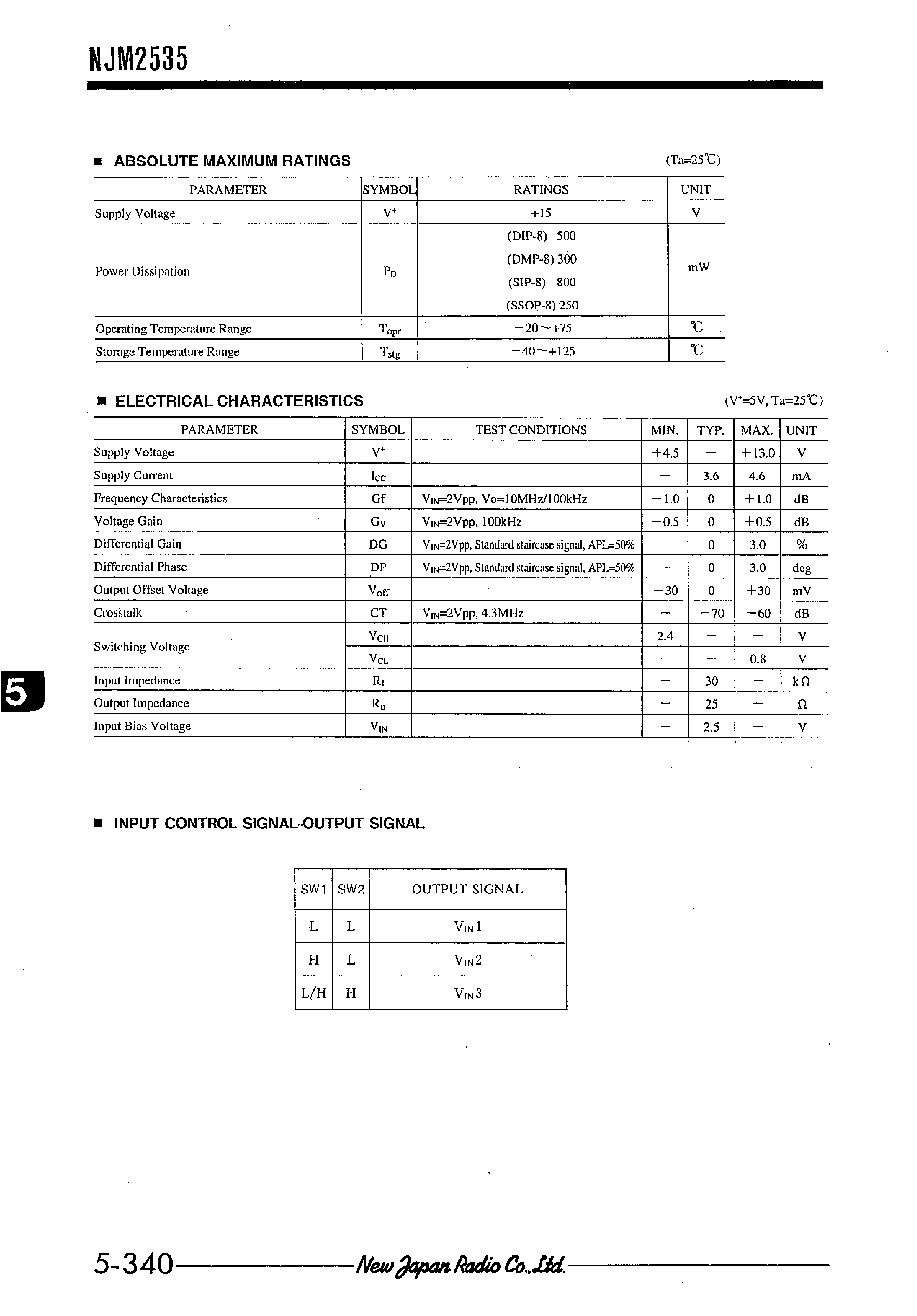 Datasheet NJM2535 - 3-INPUT 1-OUTPUT VIDEO SWITCH page 2