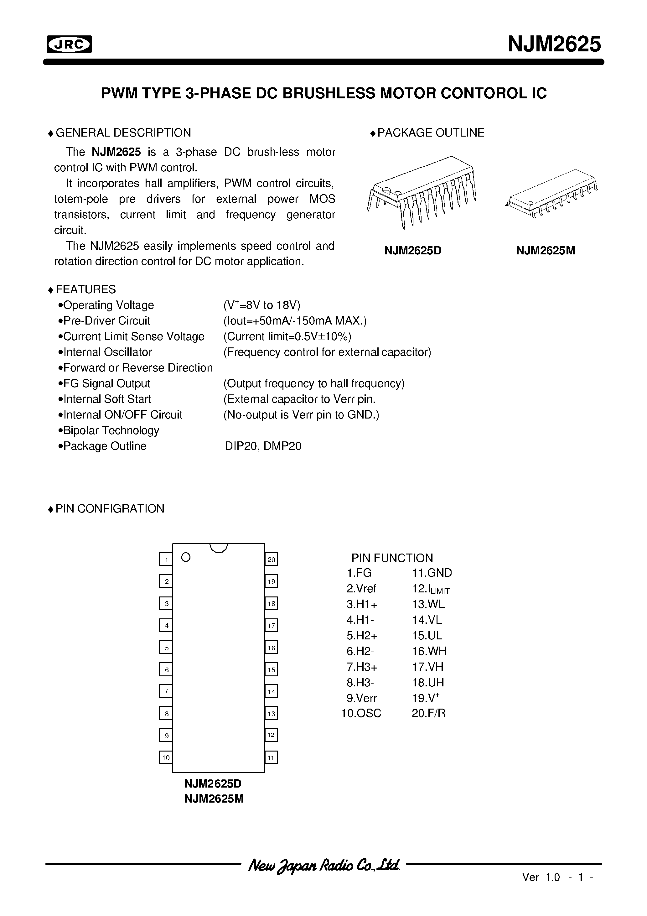 Datasheet NJM2625 - PWM TYPE 3-PHASE DC BRUSHLESS MOTOR CONTOROL IC page 1