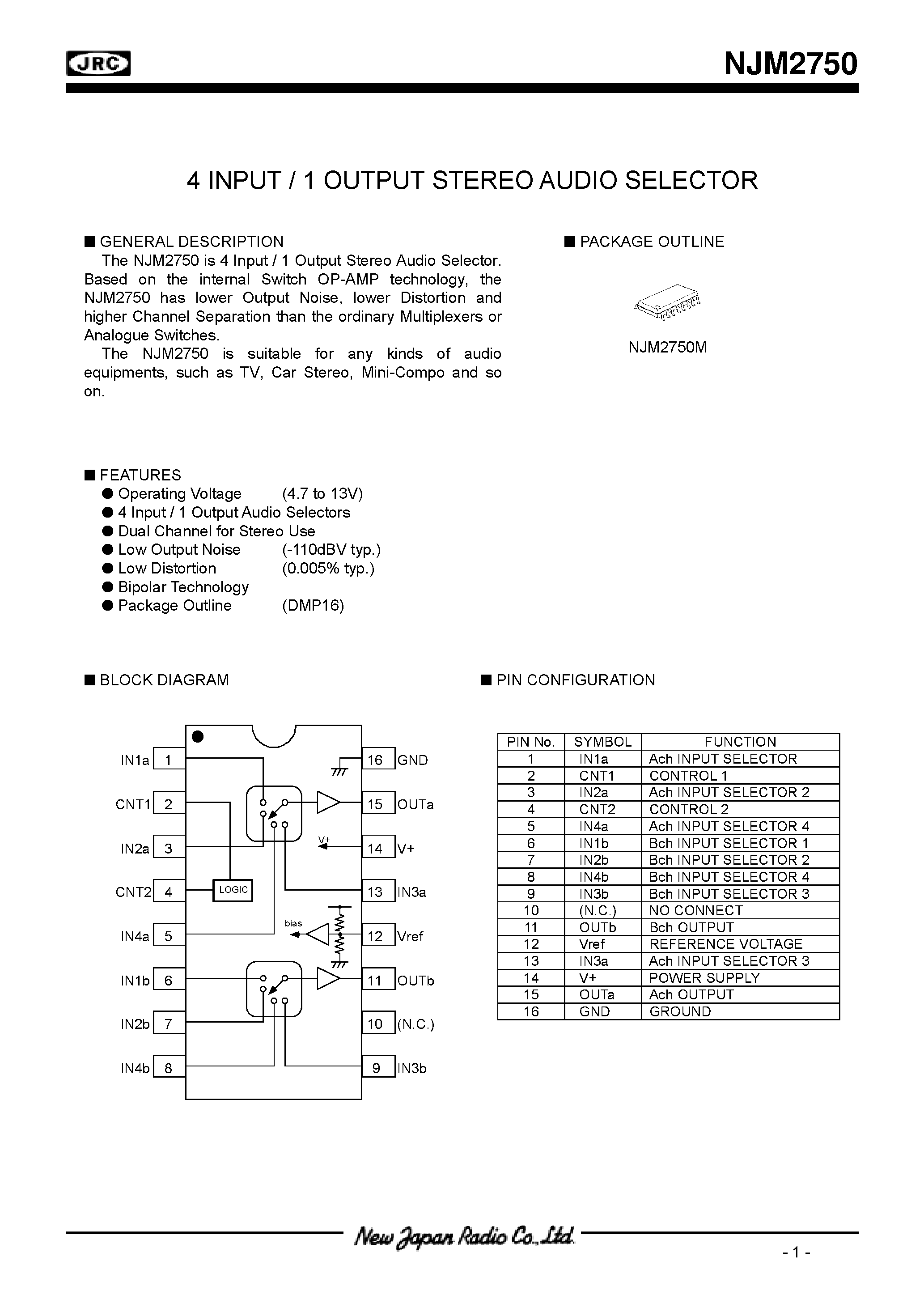 Datasheet NJM2750 - 4 INPUT / 1 OUTPUT STEREO AUDIO SELECTOR page 1